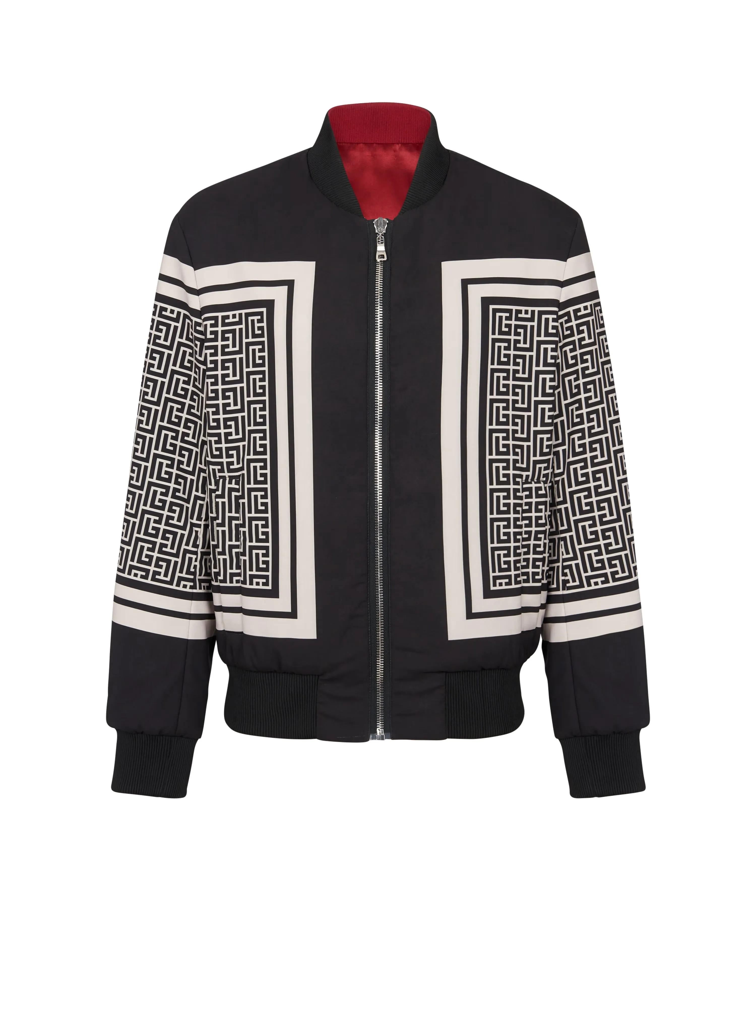 BALMAIN REVERSIBLE MONOGRAM AND SCARF BOMBER JACKET, BLACK