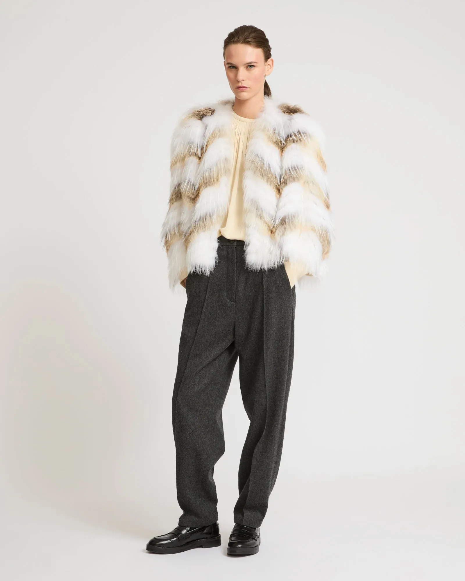 Belted cardigan in merino knit and fox fur