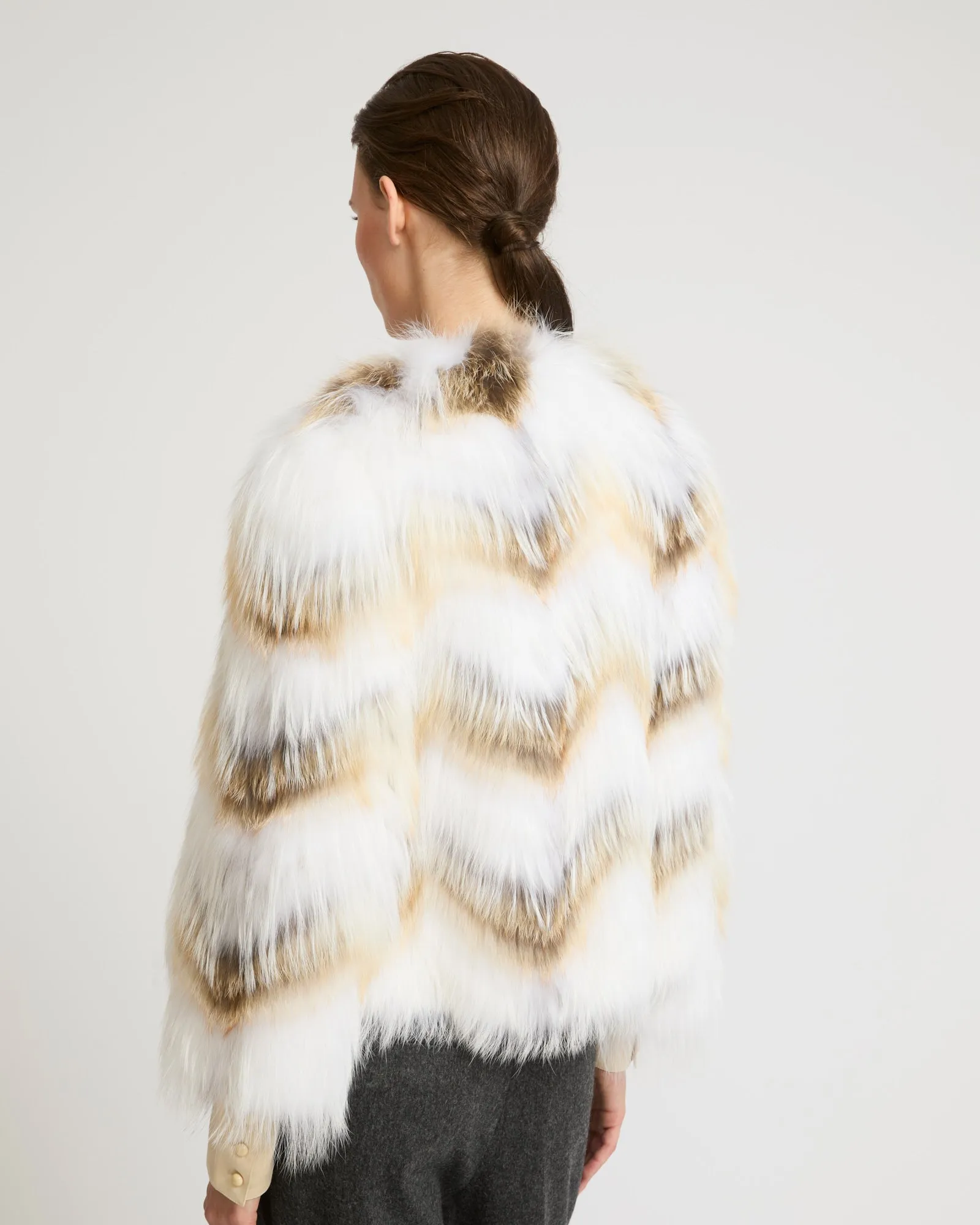 Belted cardigan in merino knit and fox fur
