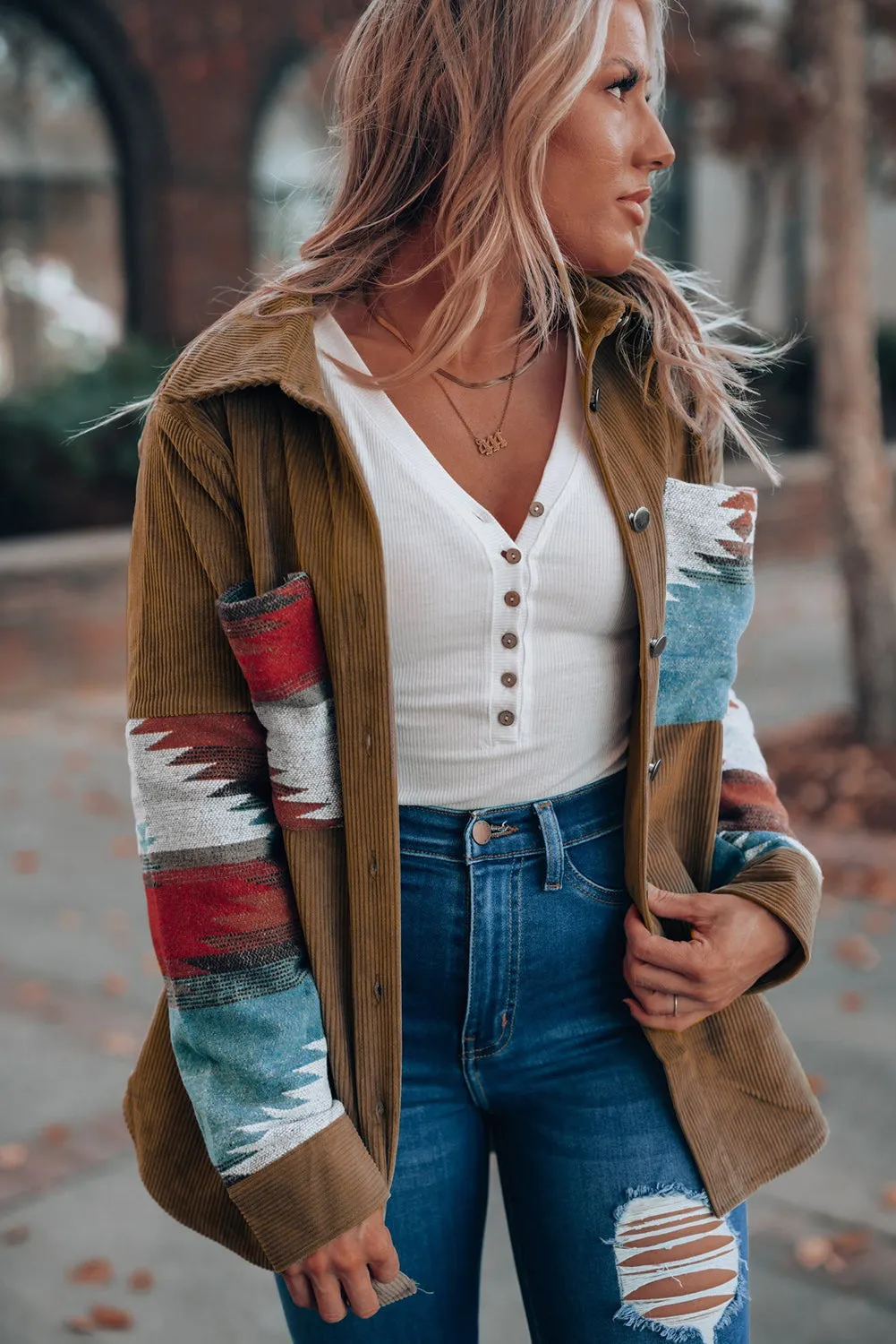 Brown Aztec Pattern Corduroy Shacket