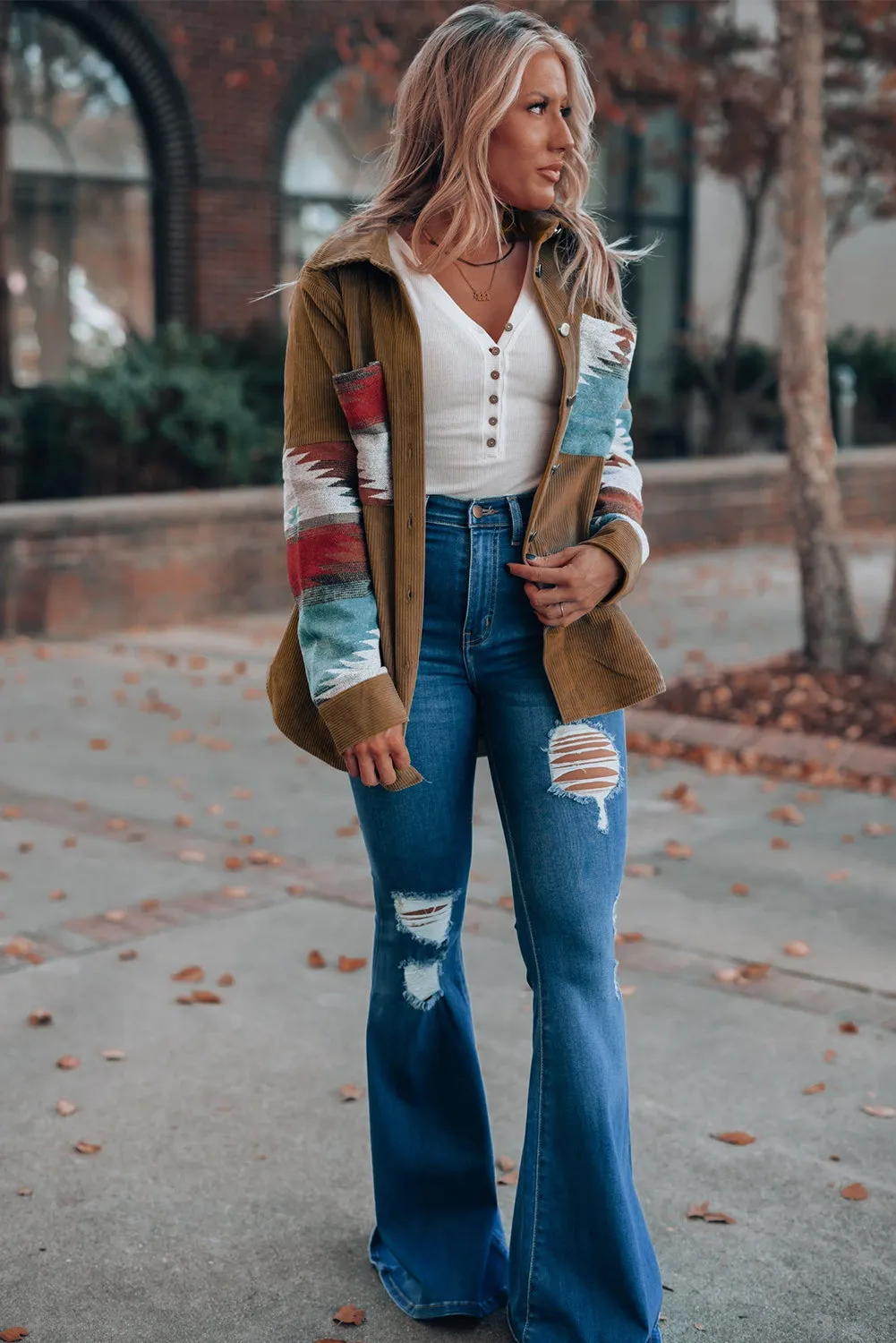 Brown Aztec Pattern Corduroy Shacket