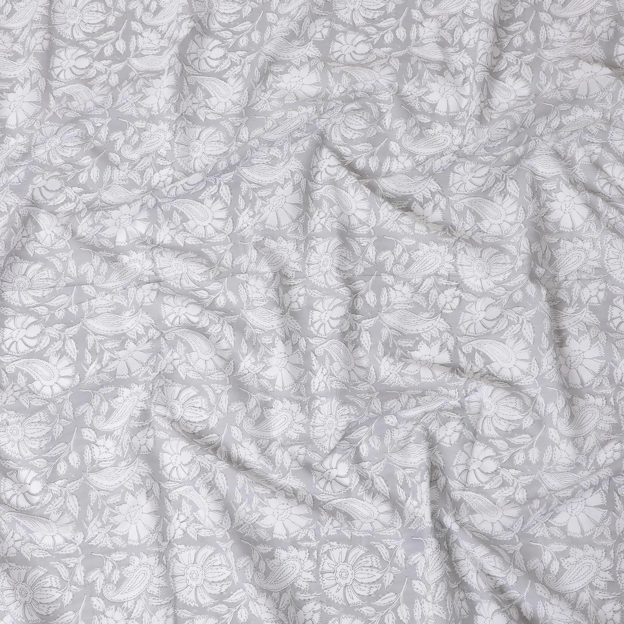Cloud grey cotton voile fabric with white print in floral design-D14832