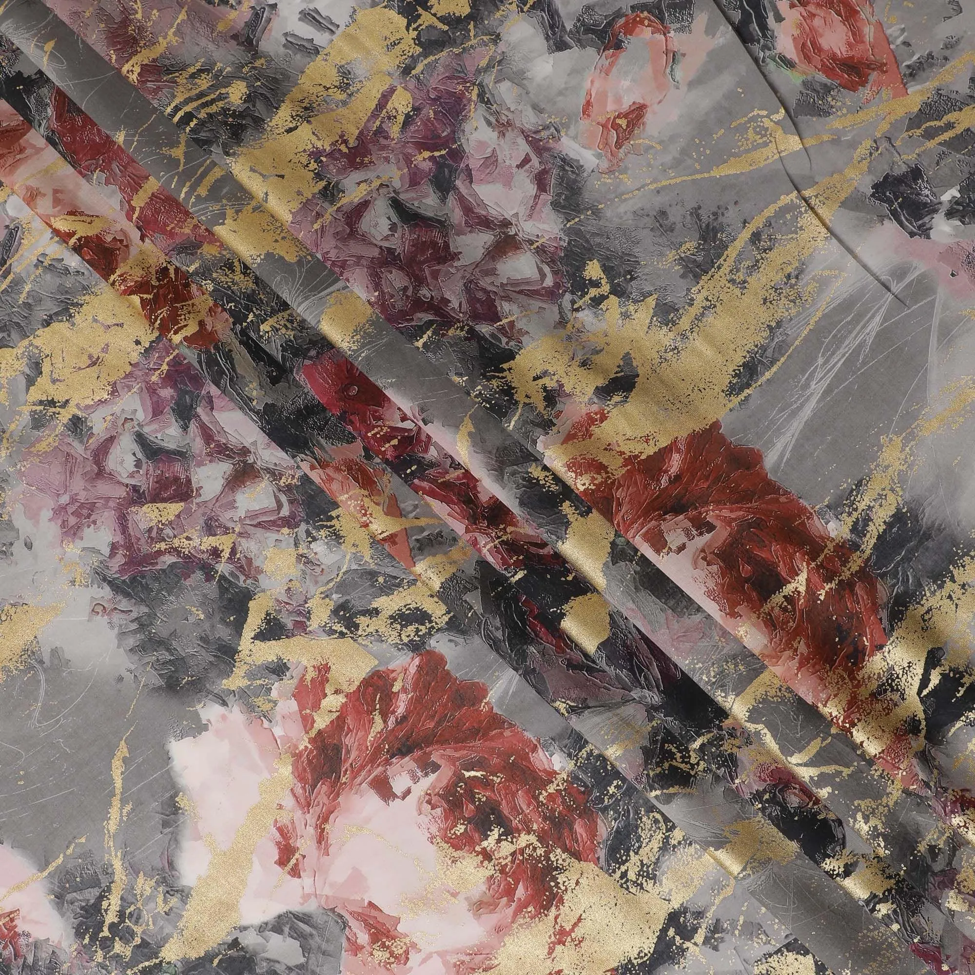 Cloud grey Premium Pure Italian cotton voile fabric with multicolor print having golden foil in abstract design-D15713