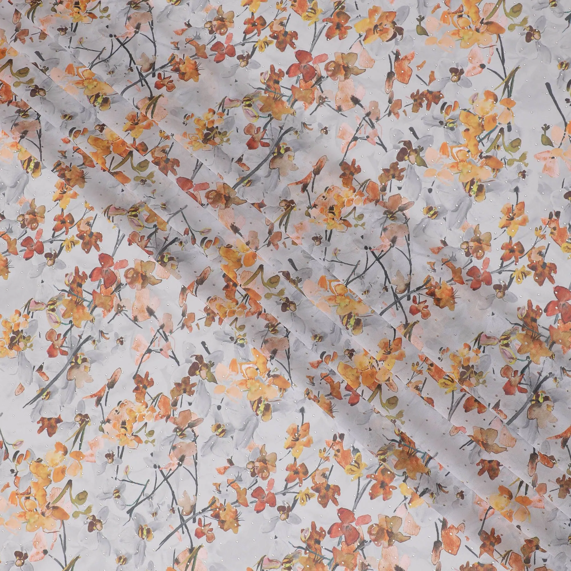 Cloud grey synthetic georgette fabric with multicolor print in floral design-D16856