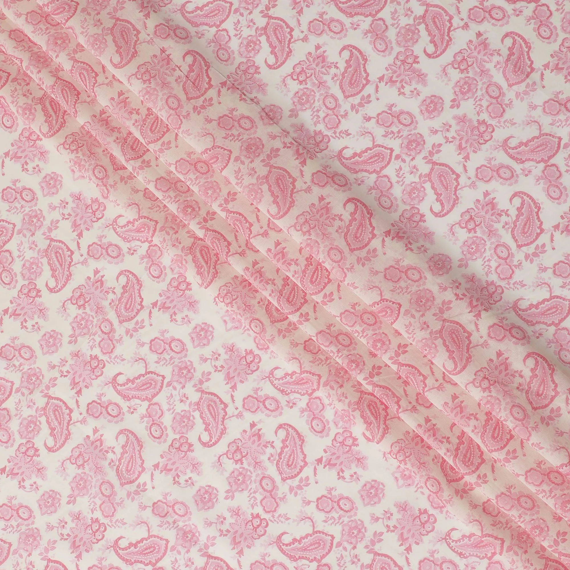 Cream cotton voile fabric with baby pink print in paisley design-D16413