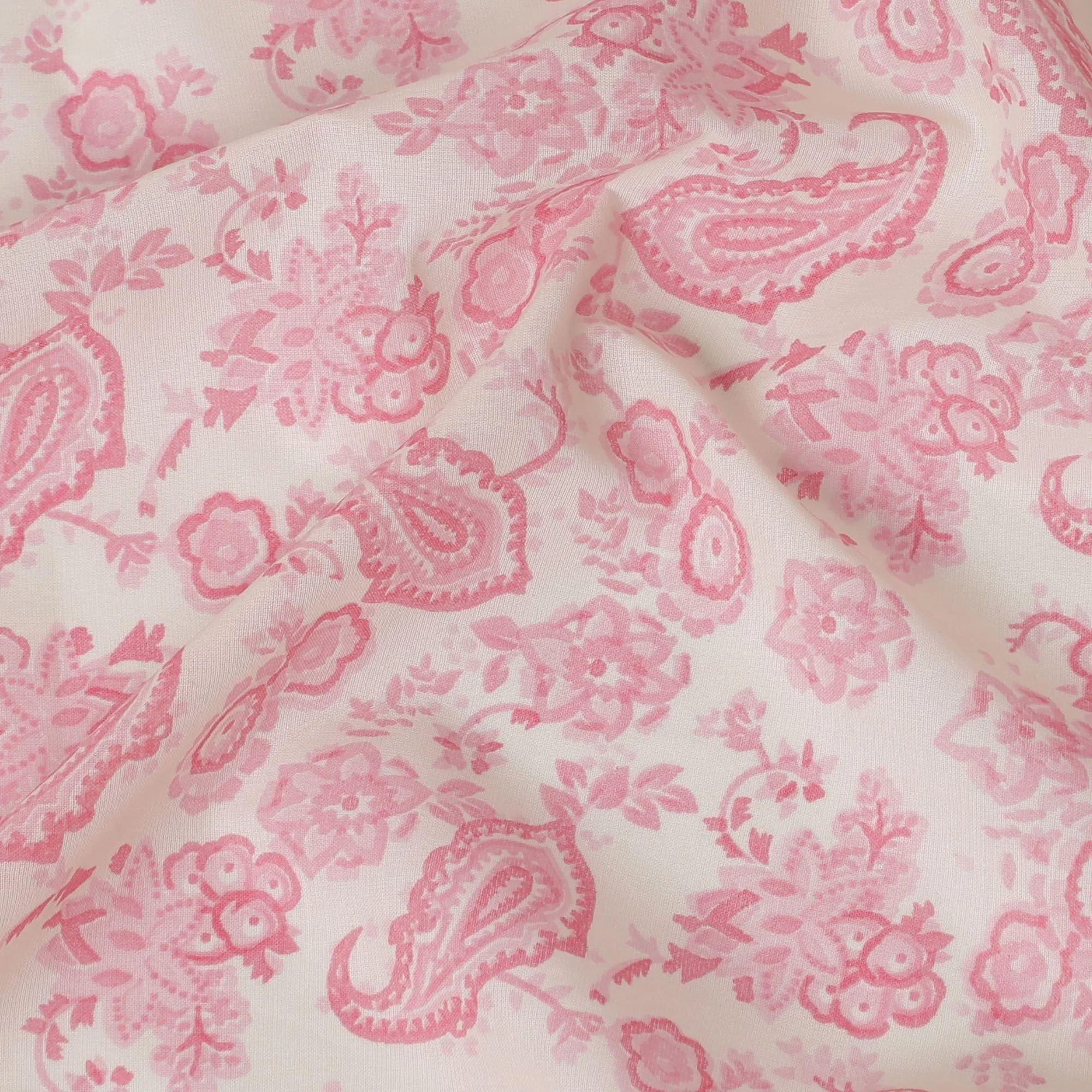 Cream cotton voile fabric with baby pink print in paisley design-D16413