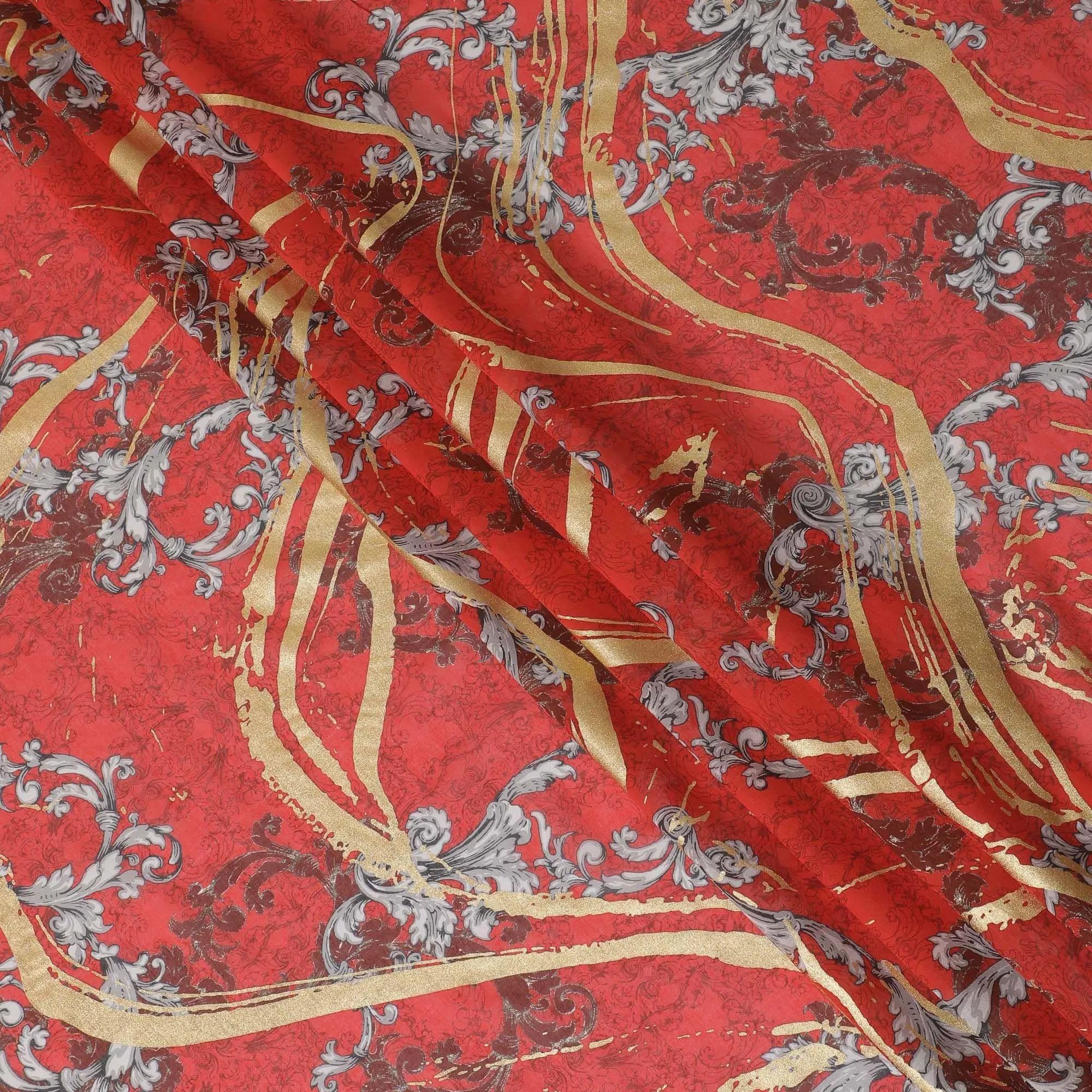 Crimson red Premium pure Italian cotton voile fabric with black, grey print having golden foil in abstract design-D15704