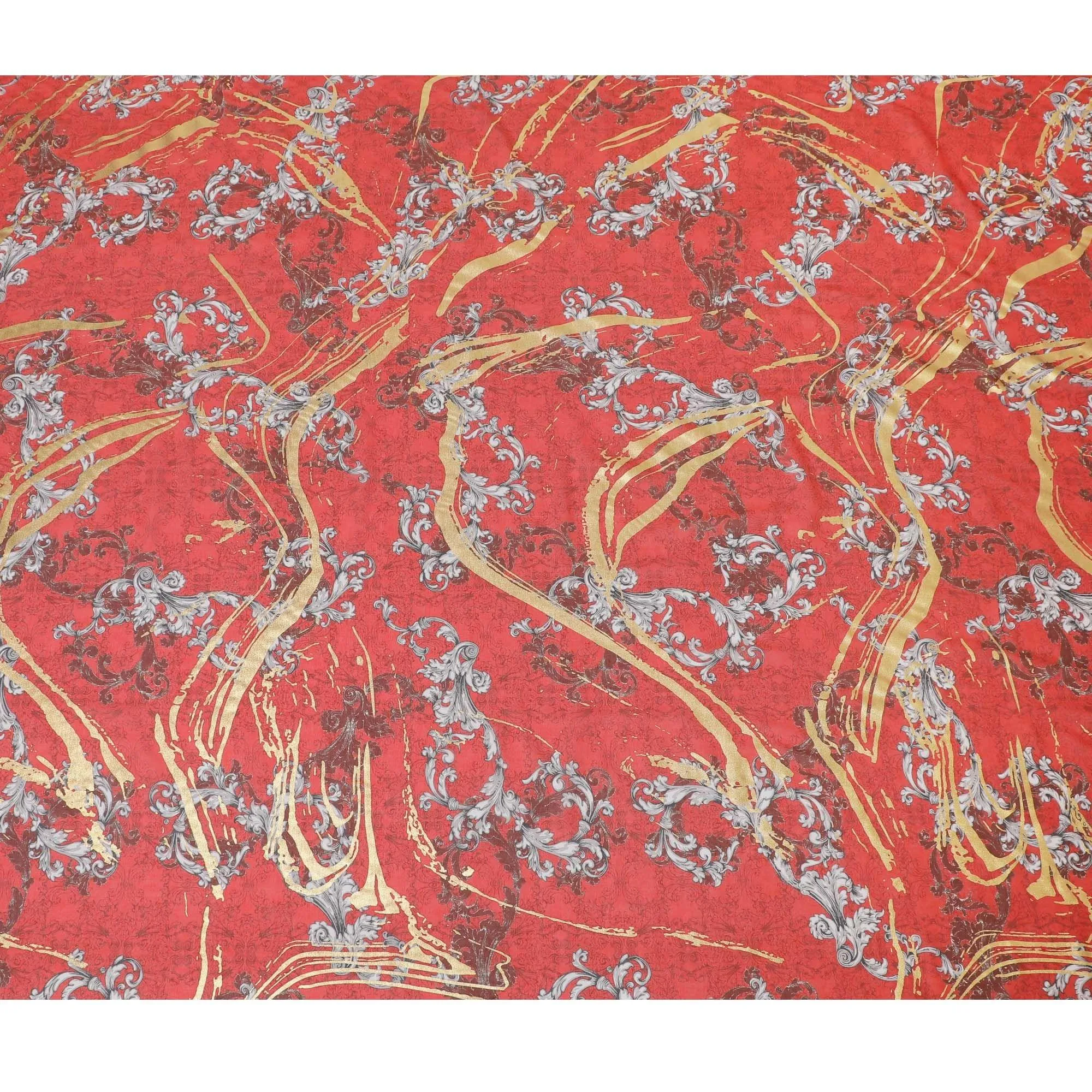 Crimson red Premium pure Italian cotton voile fabric with black, grey print having golden foil in abstract design-D15704