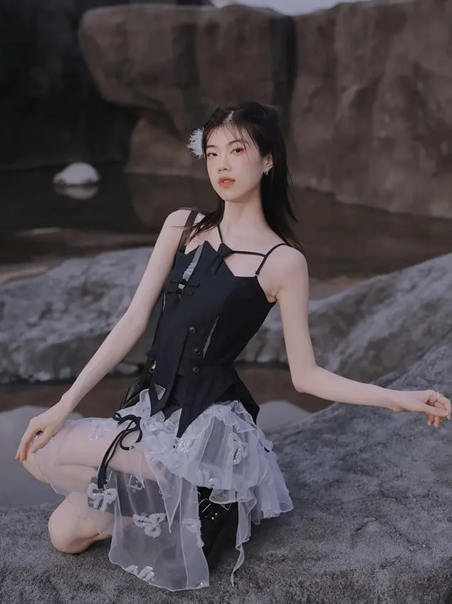 Embroidery Slim Short T-shirt ＆ Camisole & Ribbon Culottes ＆ Bubble Skirt