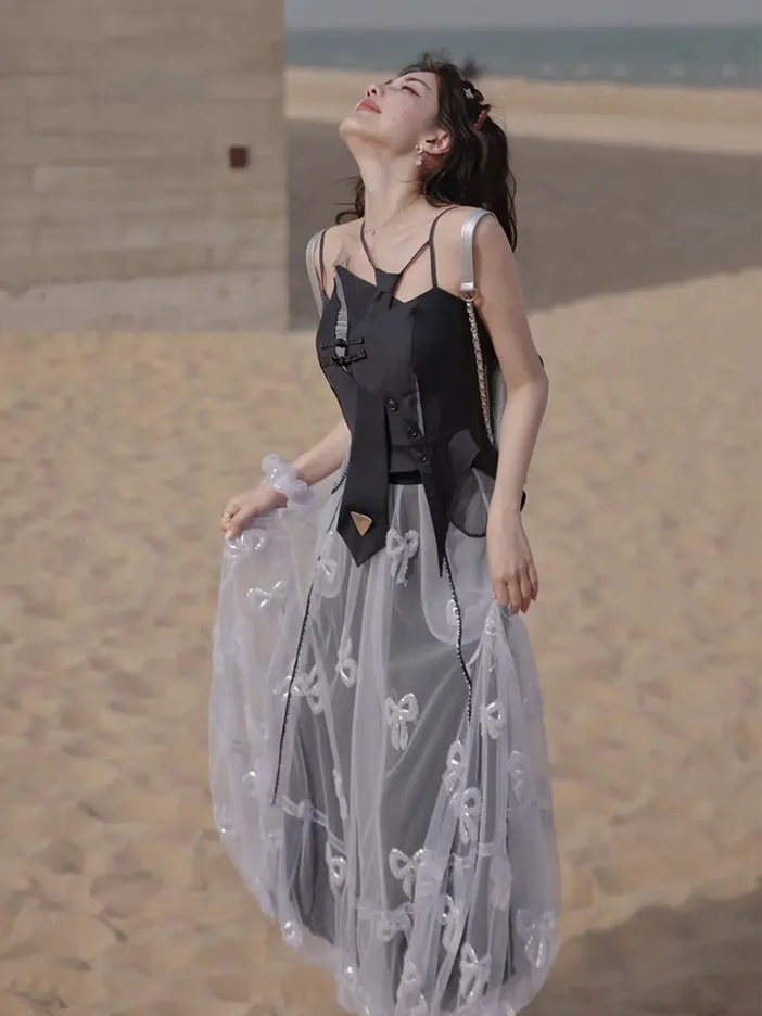 Embroidery Slim Short T-shirt ＆ Camisole & Ribbon Culottes ＆ Bubble Skirt