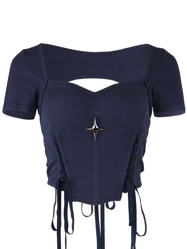 Embroidery Slim Short T-shirt ＆ Camisole & Ribbon Culottes ＆ Bubble Skirt