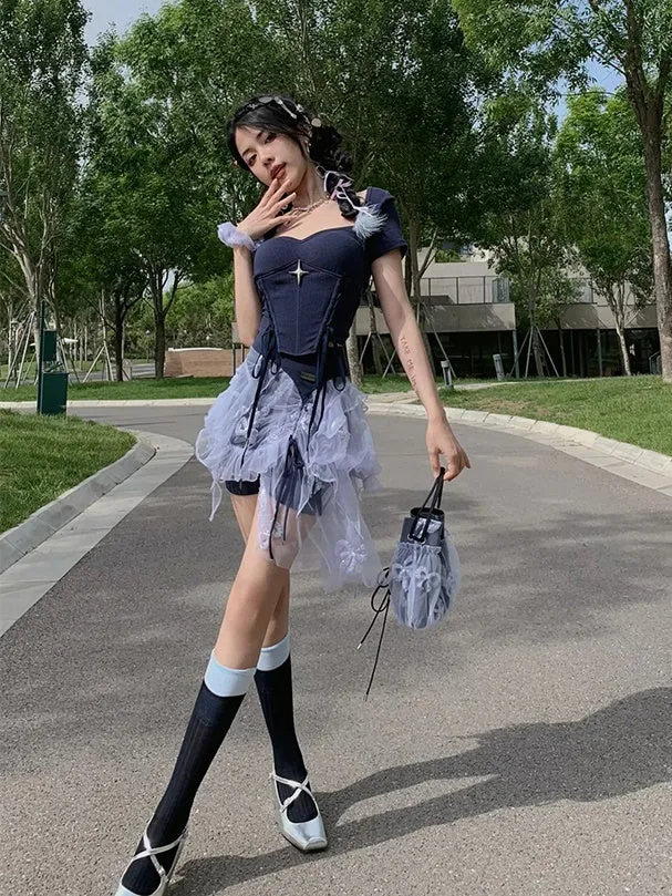 Embroidery Slim Short T-shirt ＆ Camisole & Ribbon Culottes ＆ Bubble Skirt