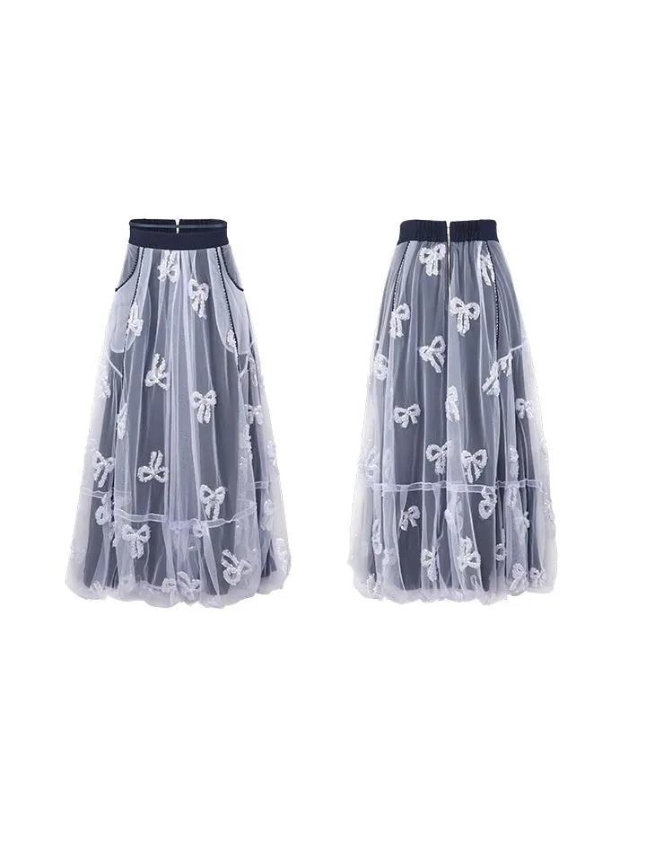 Embroidery Slim Short T-shirt ＆ Camisole & Ribbon Culottes ＆ Bubble Skirt