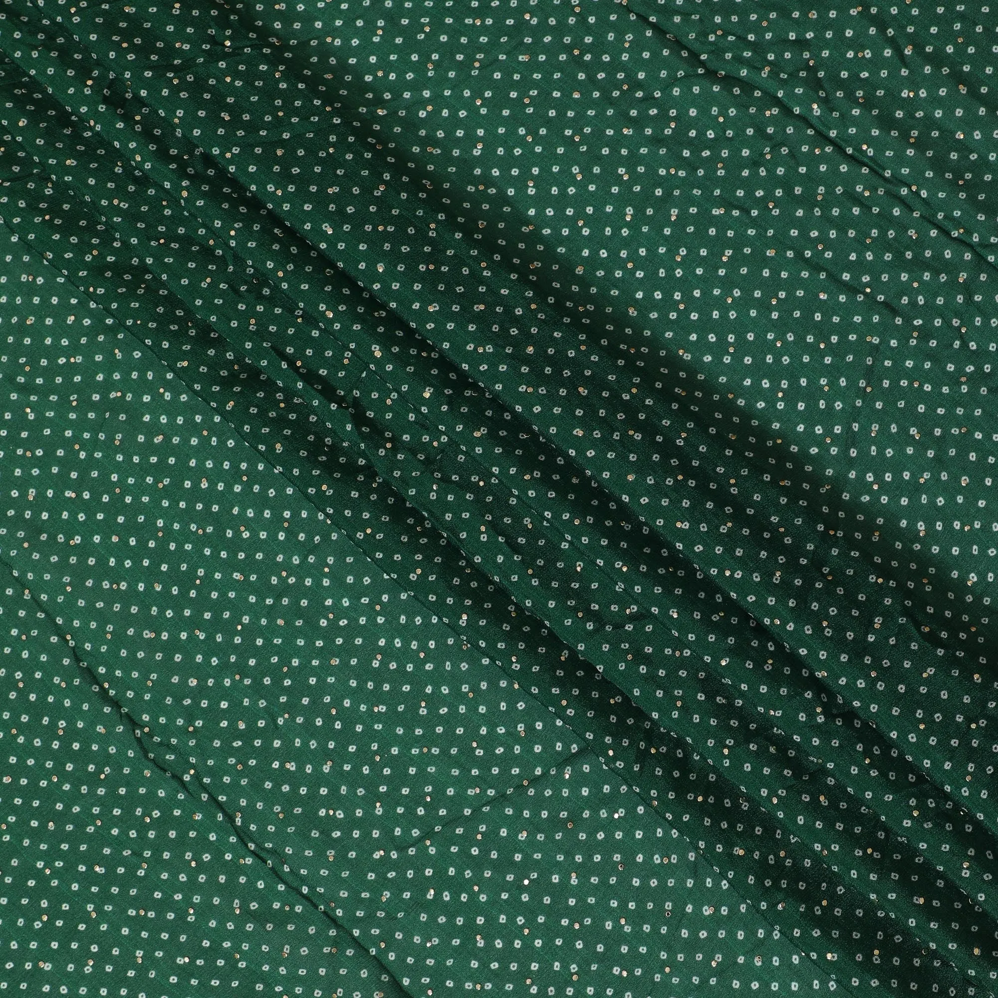 Emerald Green and White Polka Dot Synthetic Chinon Fabric with gold foil, 110 cm Width-D19675