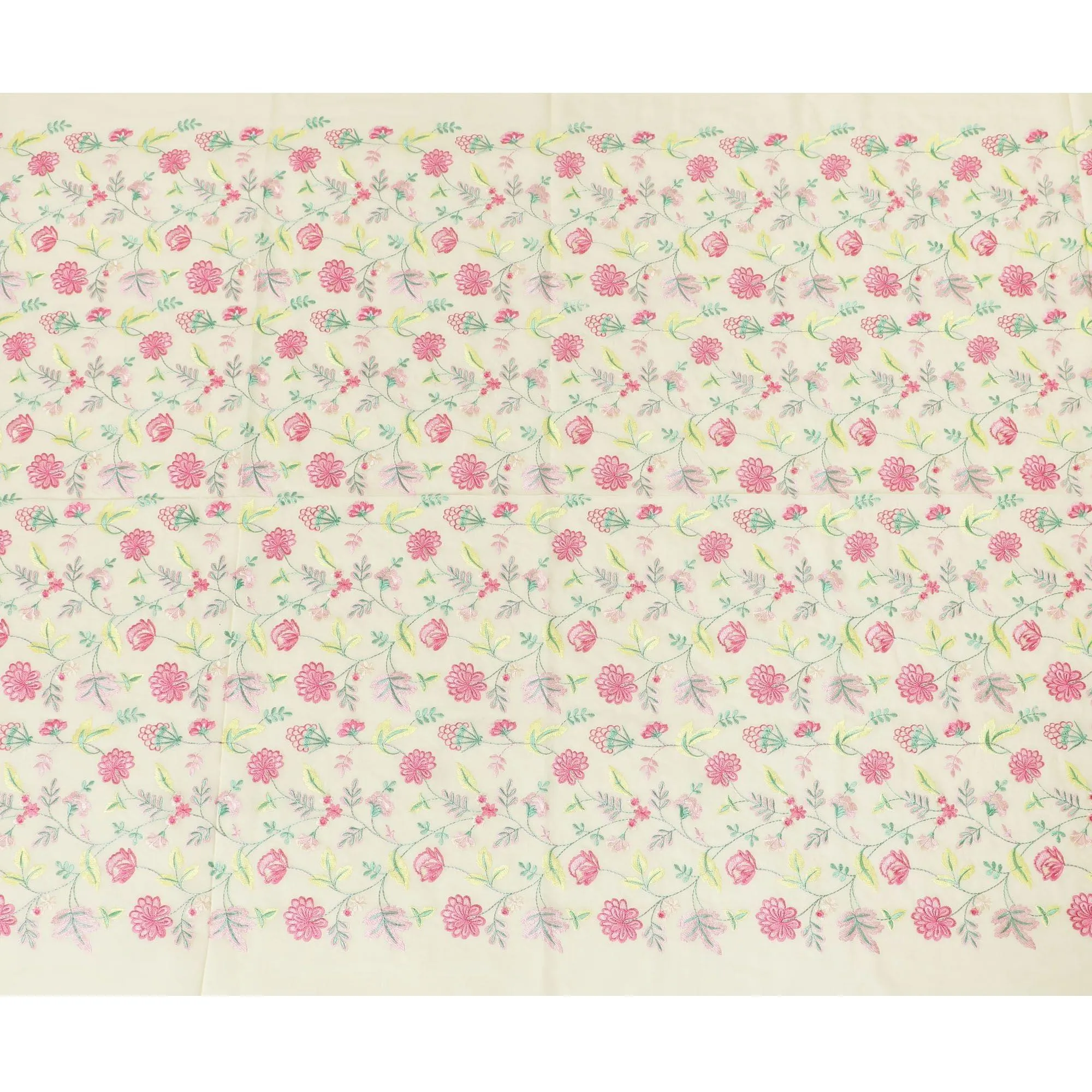 Flax yellow premium pure cotton voile fabric with same tone, baby pink and Paris green embroidery in floral design-D13637