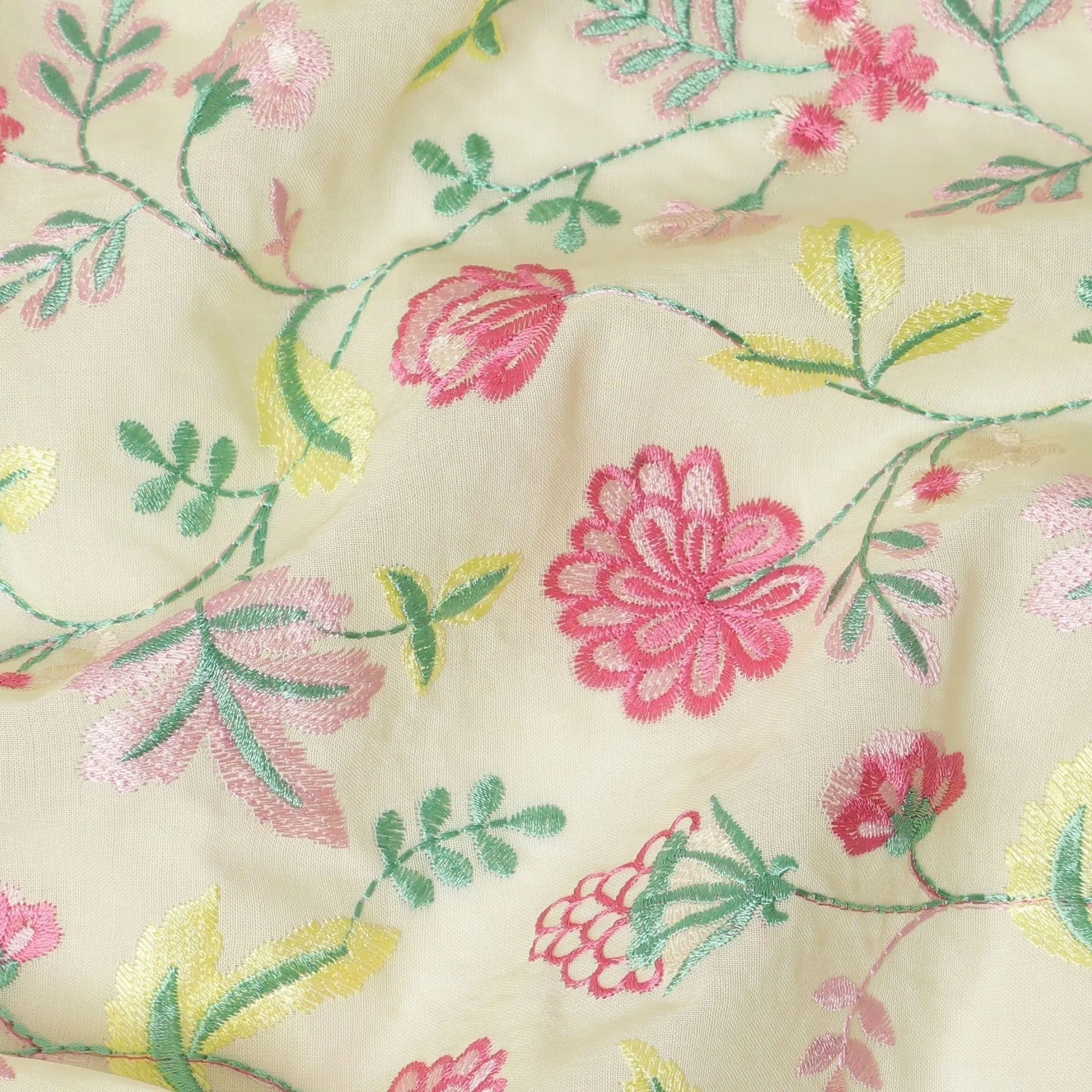 Flax yellow premium pure cotton voile fabric with same tone, baby pink and Paris green embroidery in floral design-D13637