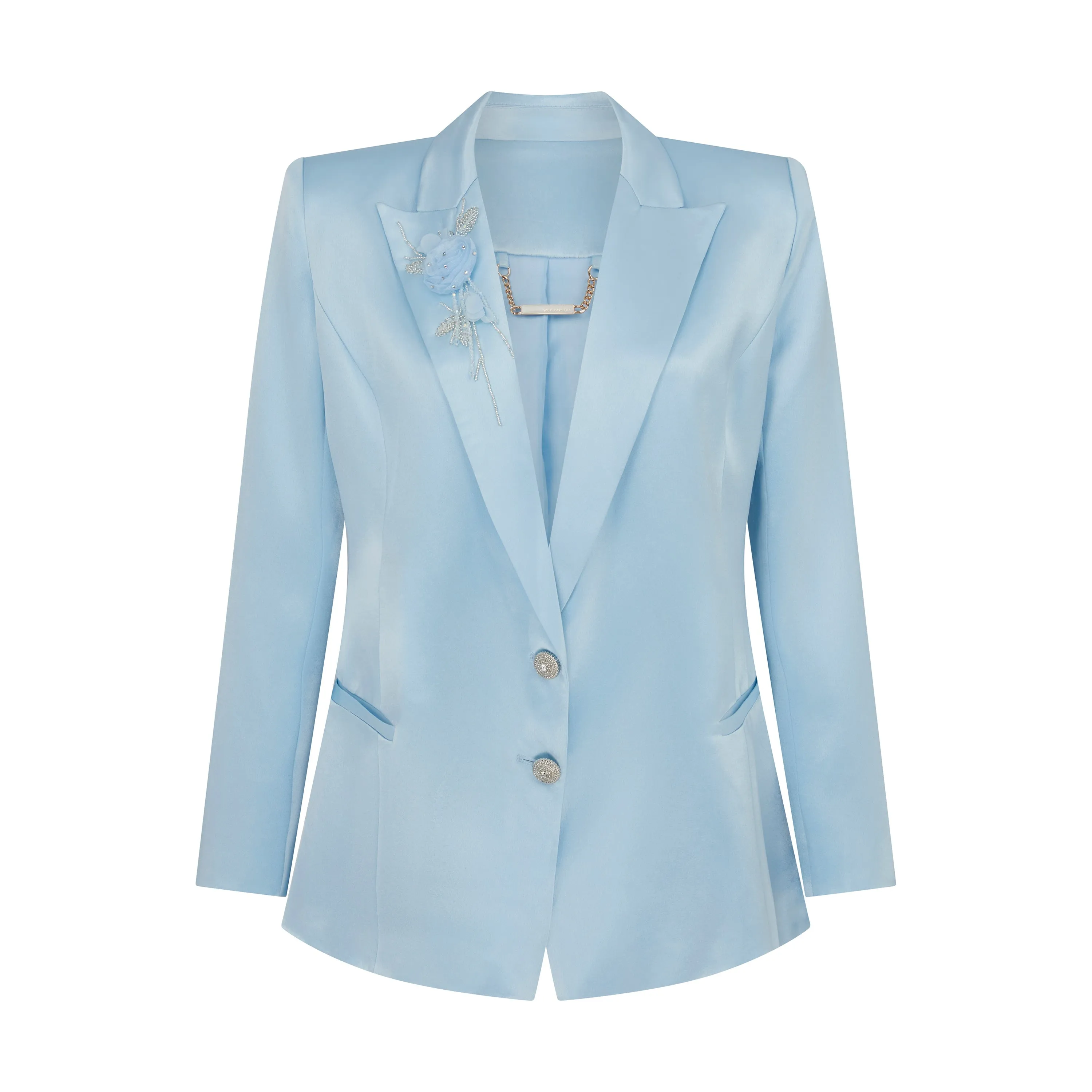Floral Applique Crystal Embellished Satin Blazer Jacket in Baby Blue