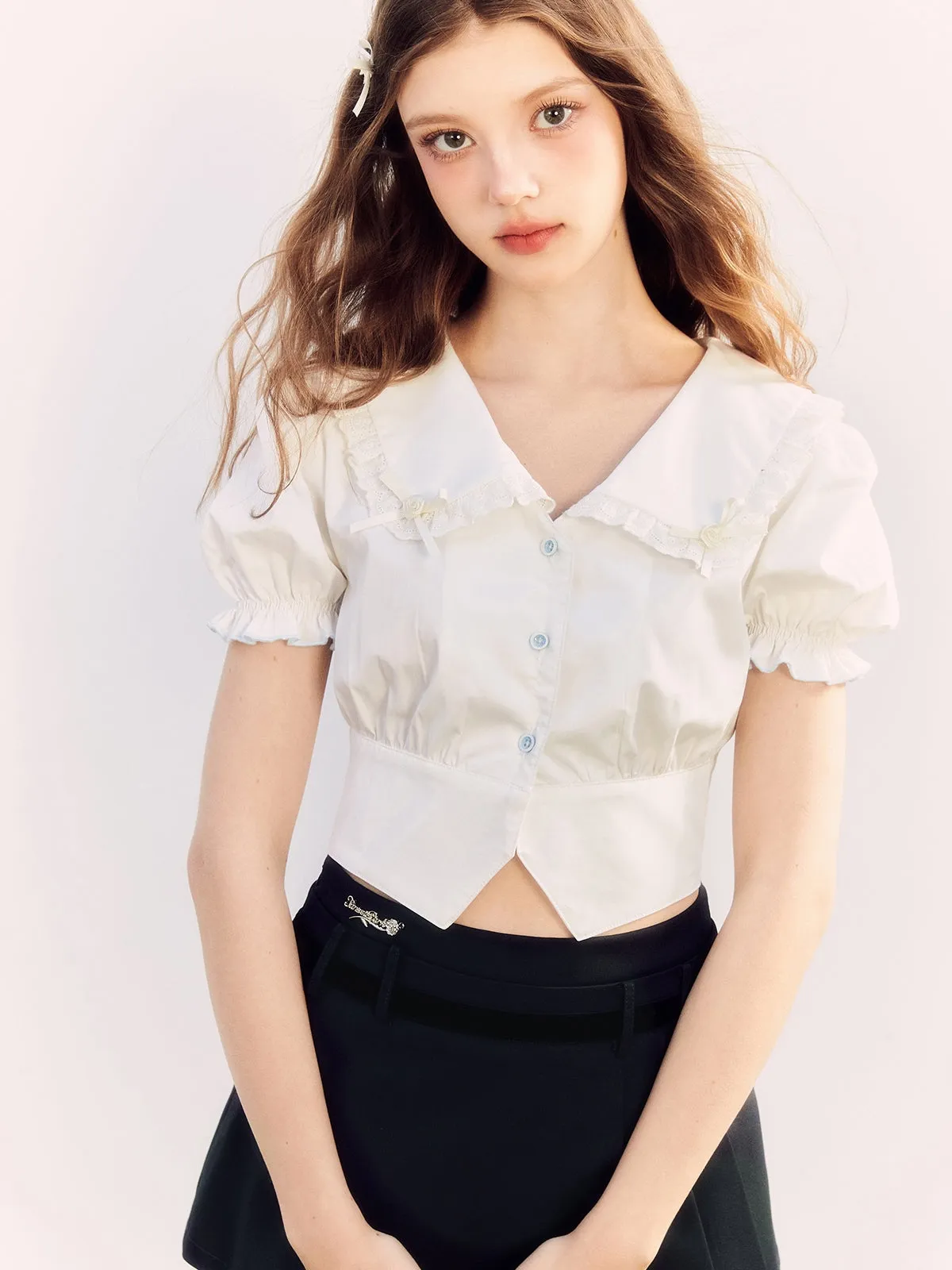 Fril Sailorl-Collar Puss-Sleeve Cute Blosue&Culottes