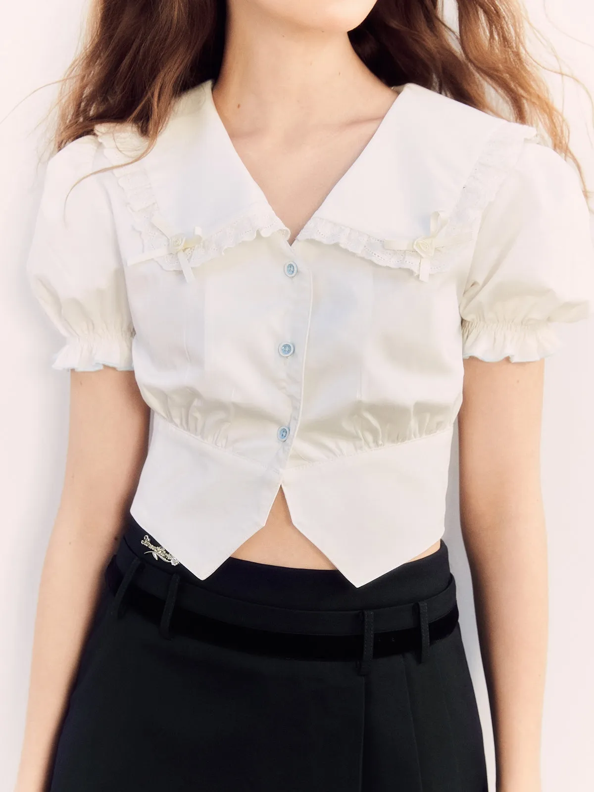 Fril Sailorl-Collar Puss-Sleeve Cute Blosue&Culottes