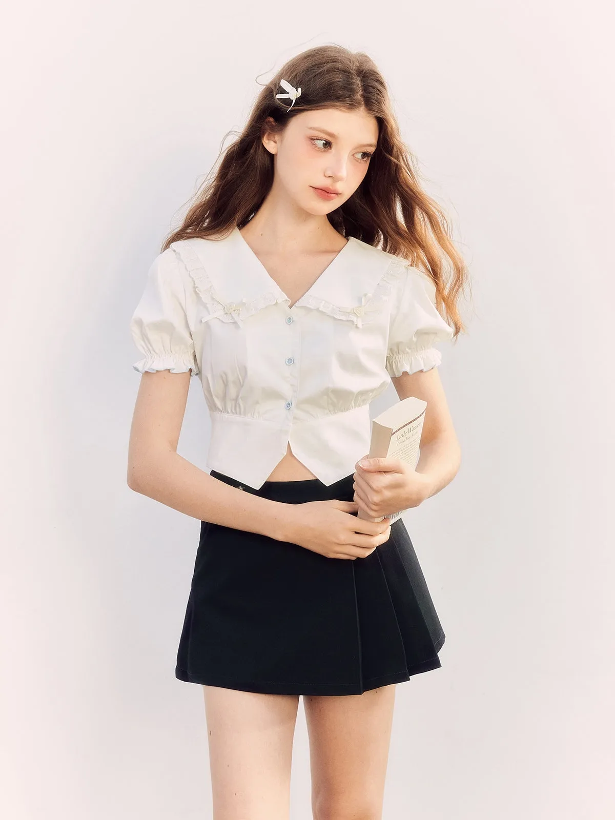 Fril Sailorl-Collar Puss-Sleeve Cute Blosue&Culottes