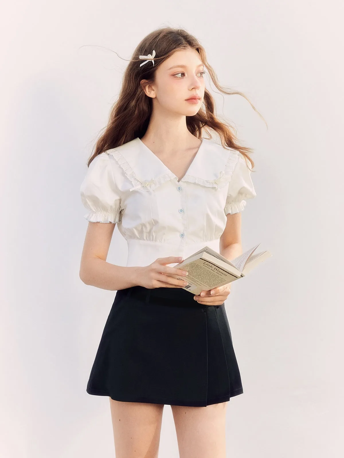 Fril Sailorl-Collar Puss-Sleeve Cute Blosue&Culottes