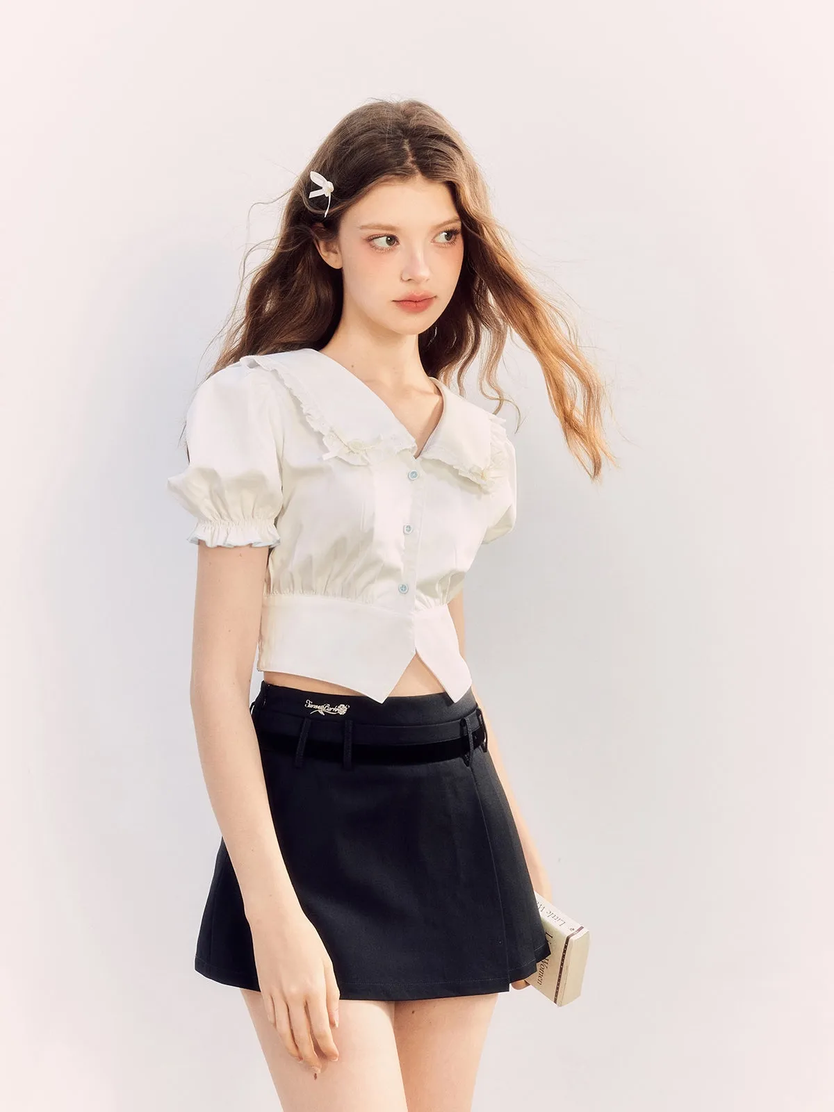 Fril Sailorl-Collar Puss-Sleeve Cute Blosue&Culottes
