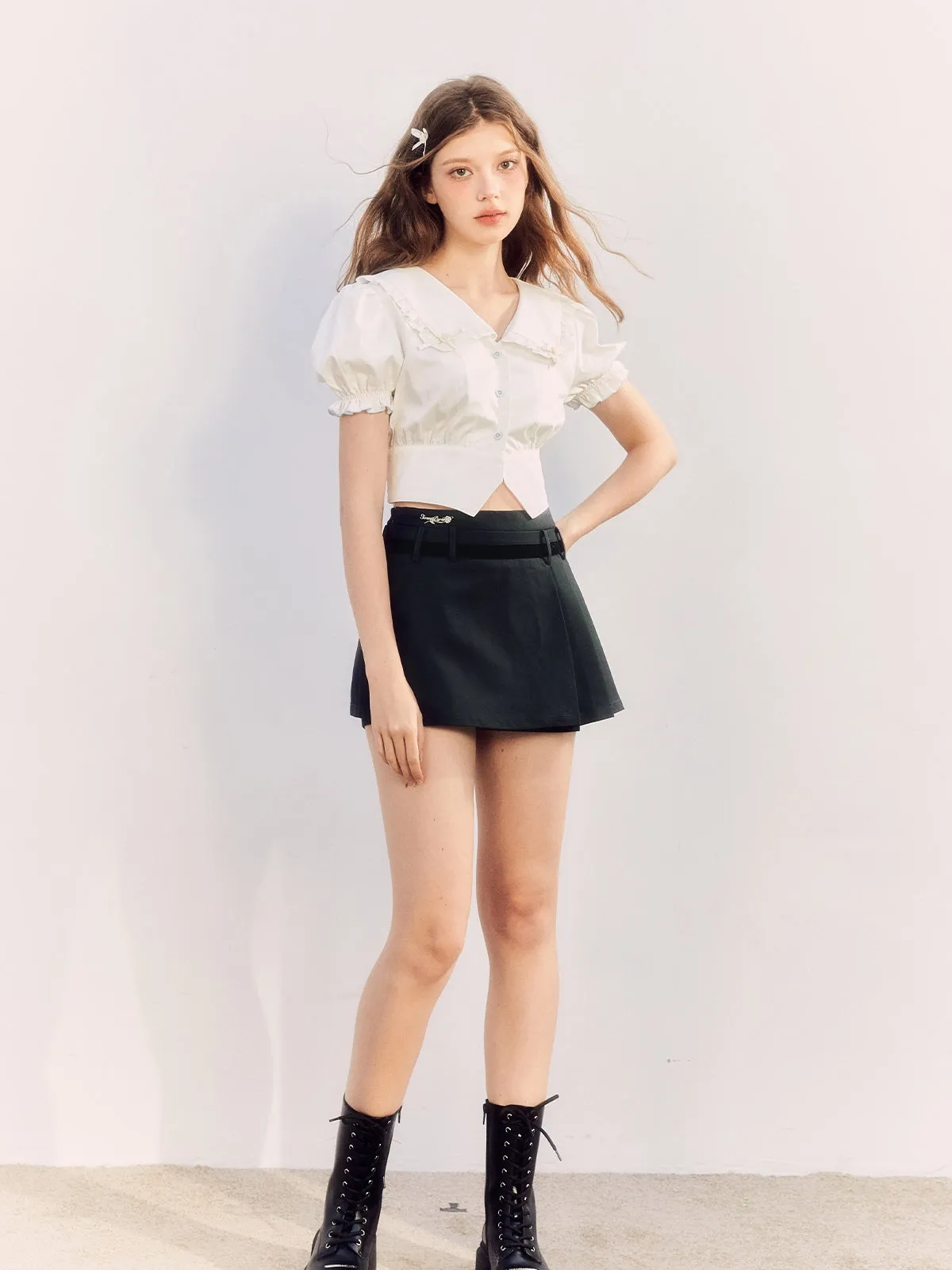 Fril Sailorl-Collar Puss-Sleeve Cute Blosue&Culottes