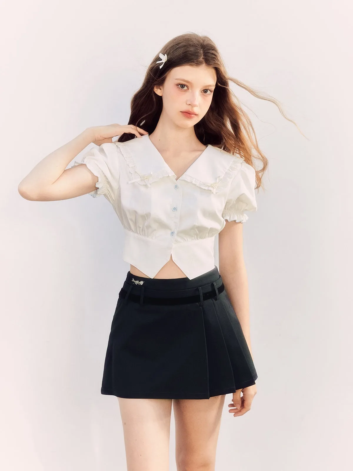 Fril Sailorl-Collar Puss-Sleeve Cute Blosue&Culottes