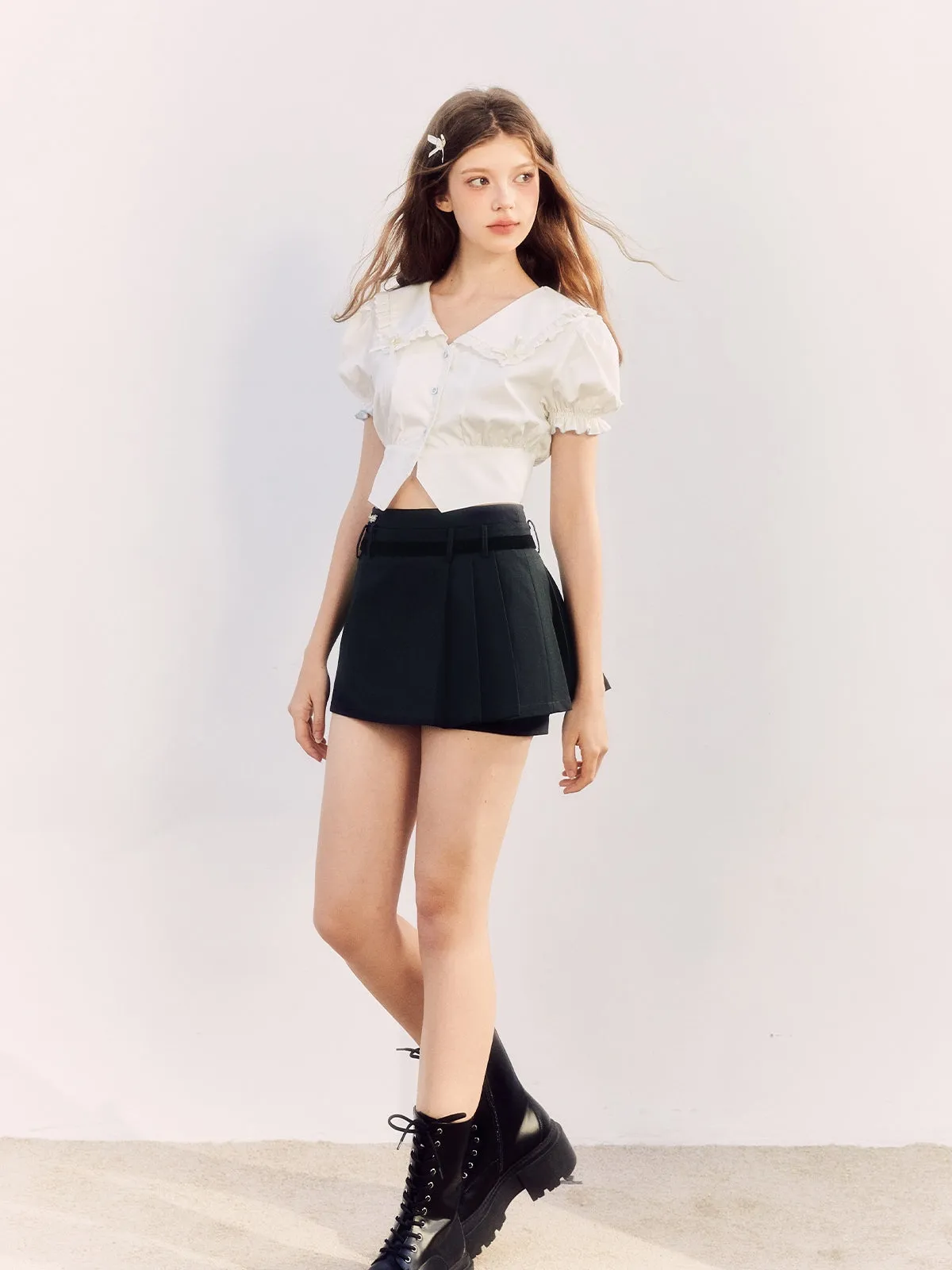 Fril Sailorl-Collar Puss-Sleeve Cute Blosue&Culottes