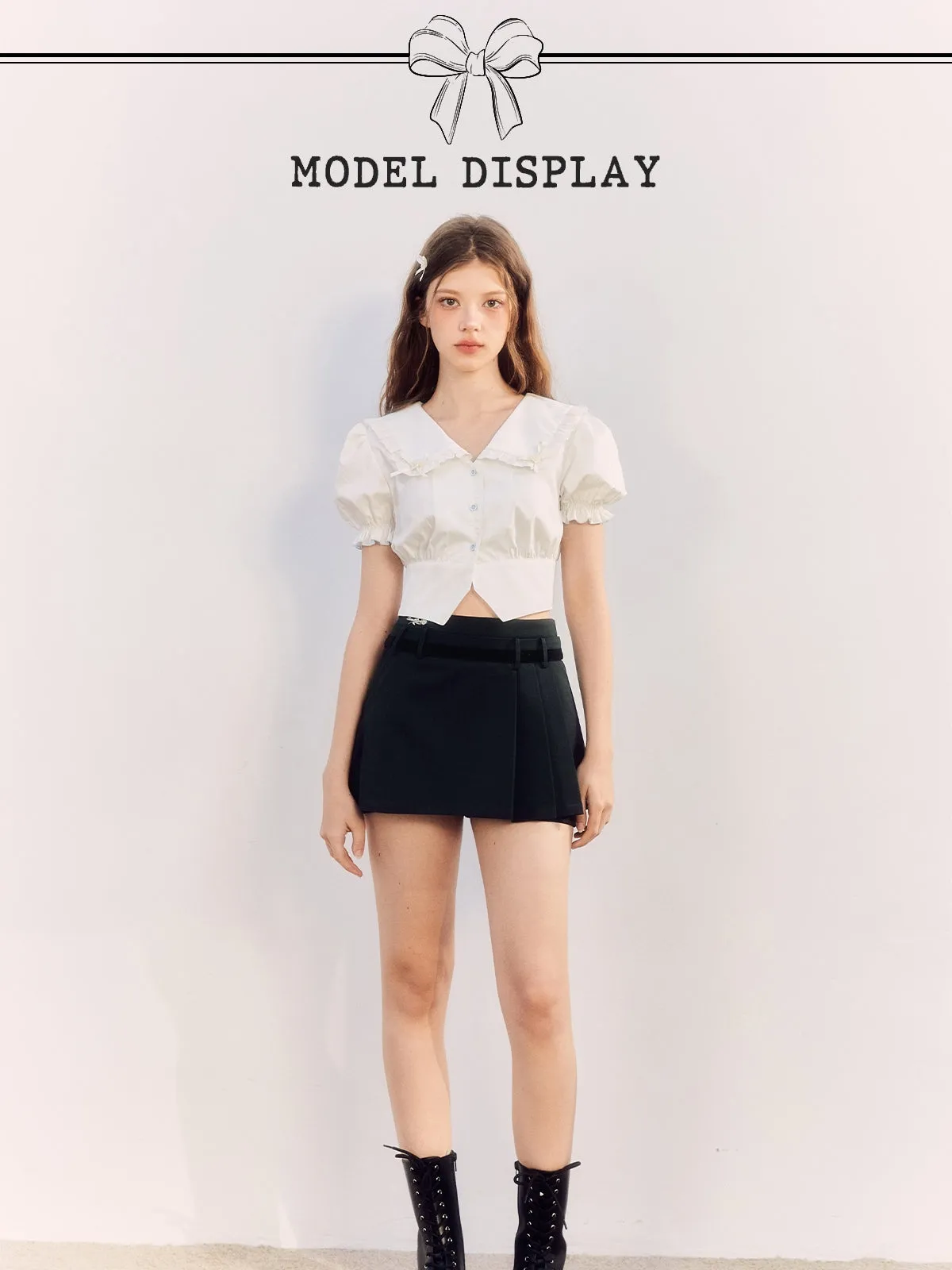 Fril Sailorl-Collar Puss-Sleeve Cute Blosue&Culottes