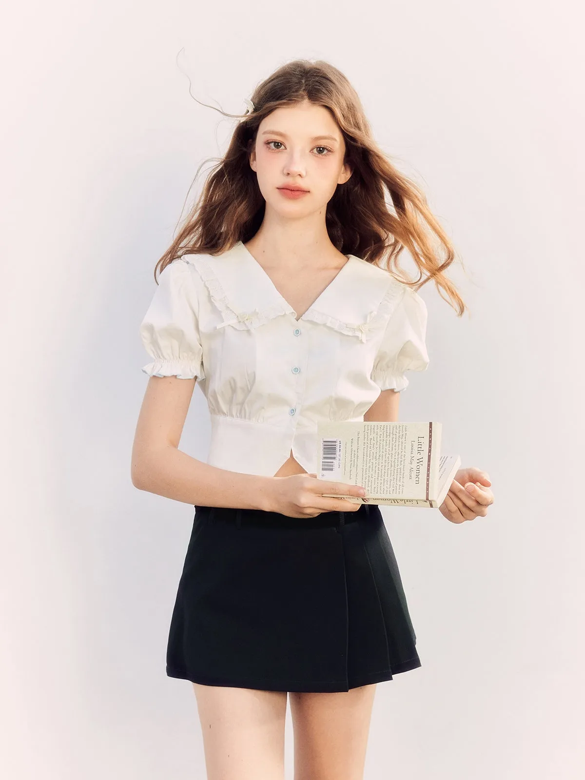 Fril Sailorl-Collar Puss-Sleeve Cute Blosue&Culottes