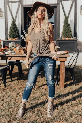 Get It Going Front Tie Tank In Martini Olive