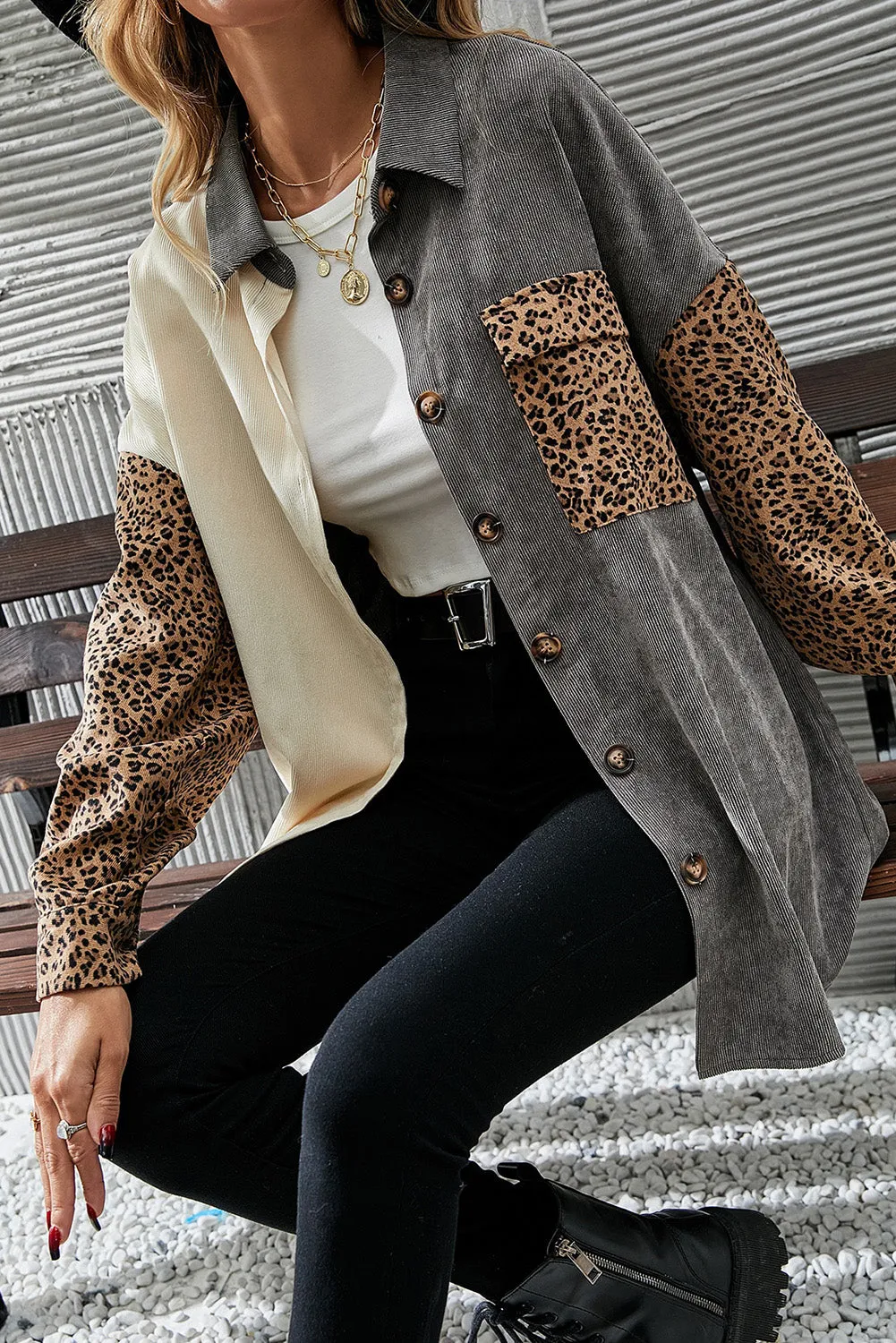Grey Leopard Print Patched Corduroy Shacket
