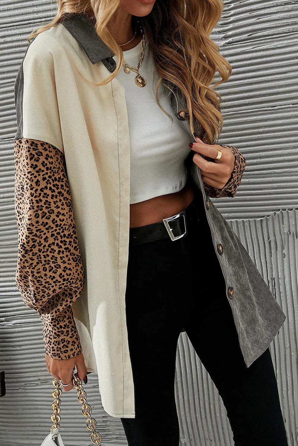 Grey Leopard Print Patched Corduroy Shacket