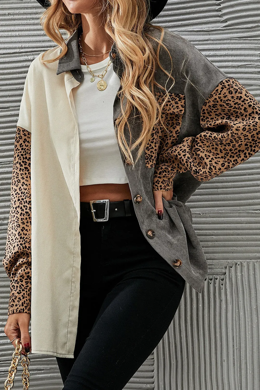 Grey Leopard Print Patched Corduroy Shacket