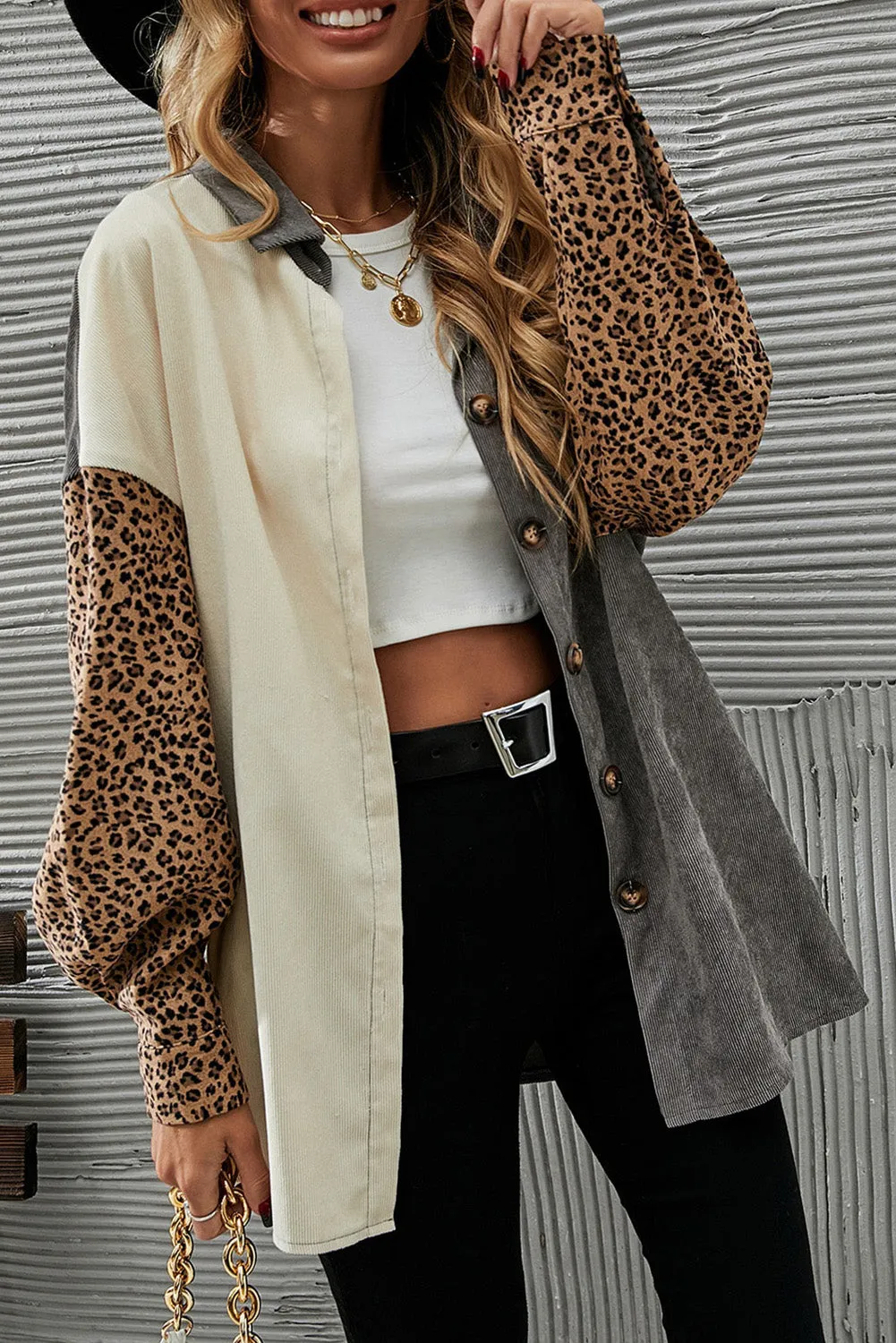 Grey Leopard Print Patched Corduroy Shacket