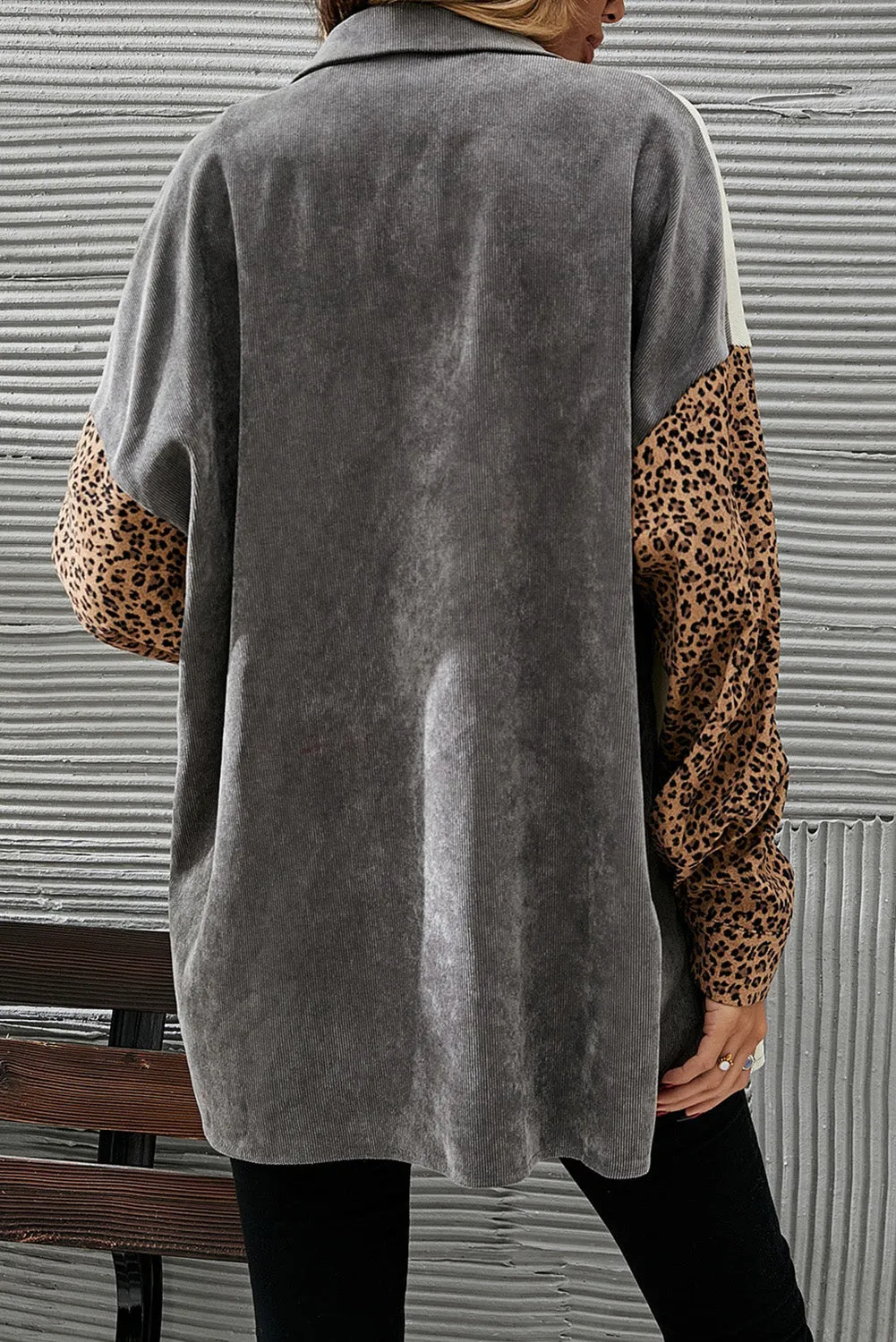 Grey Leopard Print Patched Corduroy Shacket