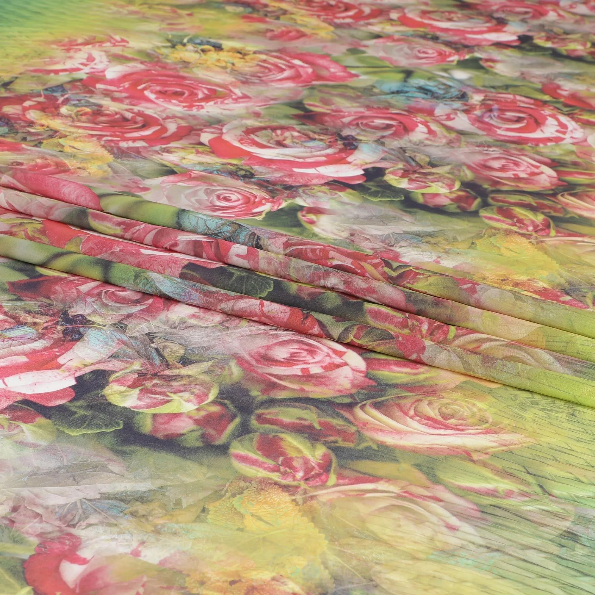 Jade green cotton voile fabric with multicolor print in floral design-D6276