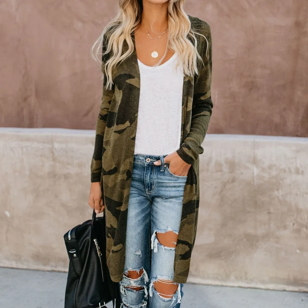 Ladies Long Cardigan Camouflage Long Sleeve Coat