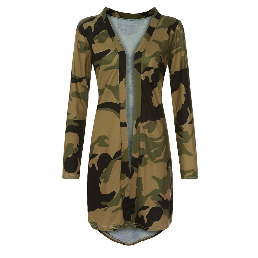 Ladies Long Cardigan Camouflage Long Sleeve Coat