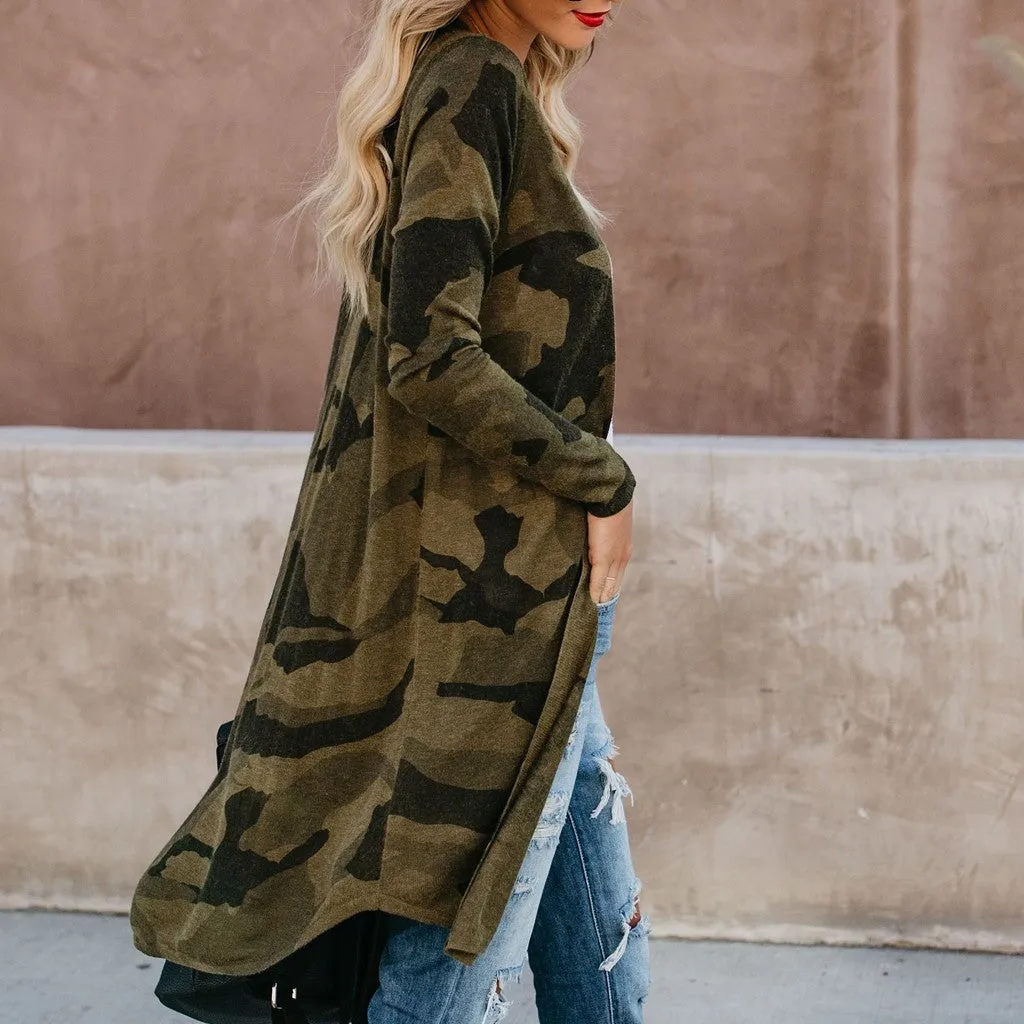 Ladies Long Cardigan Camouflage Long Sleeve Coat