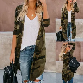 Ladies Long Cardigan Camouflage Long Sleeve Coat