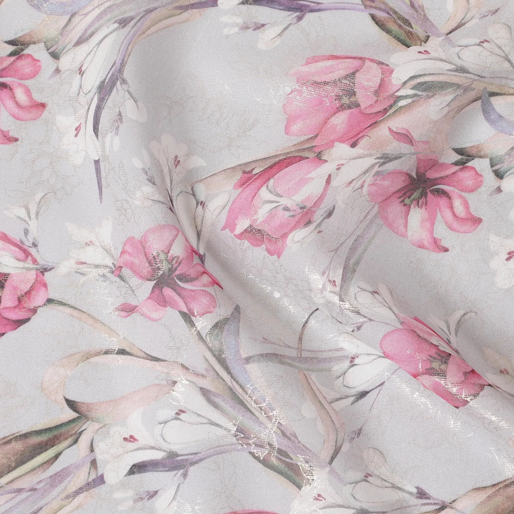 Light beige pure cotton voile fabric with multicolor print with golden foil in floral design-D16562