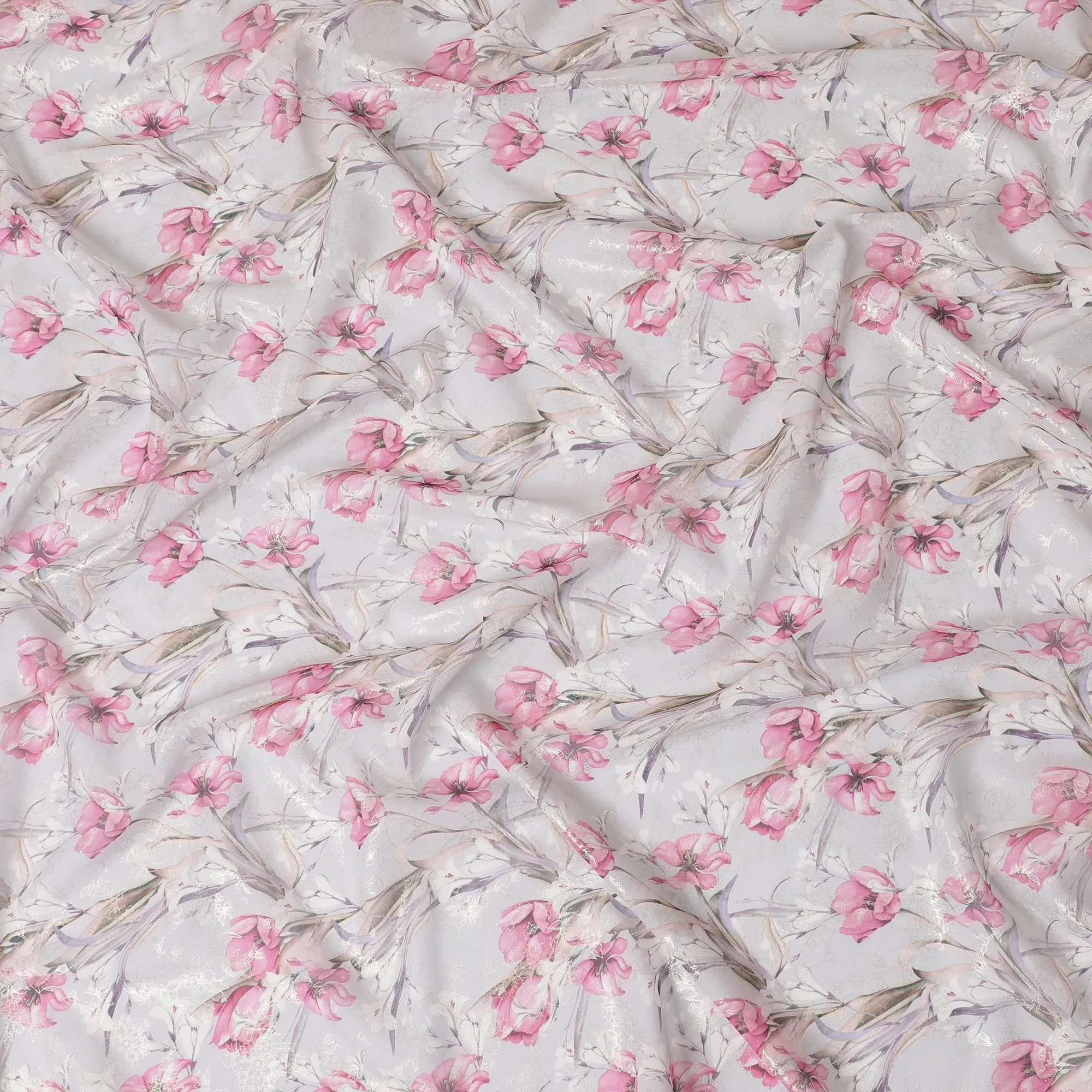 Light beige pure cotton voile fabric with multicolor print with golden foil in floral design-D16562