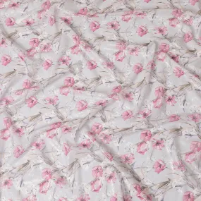 Light beige pure cotton voile fabric with multicolor print with golden foil in floral design-D16562