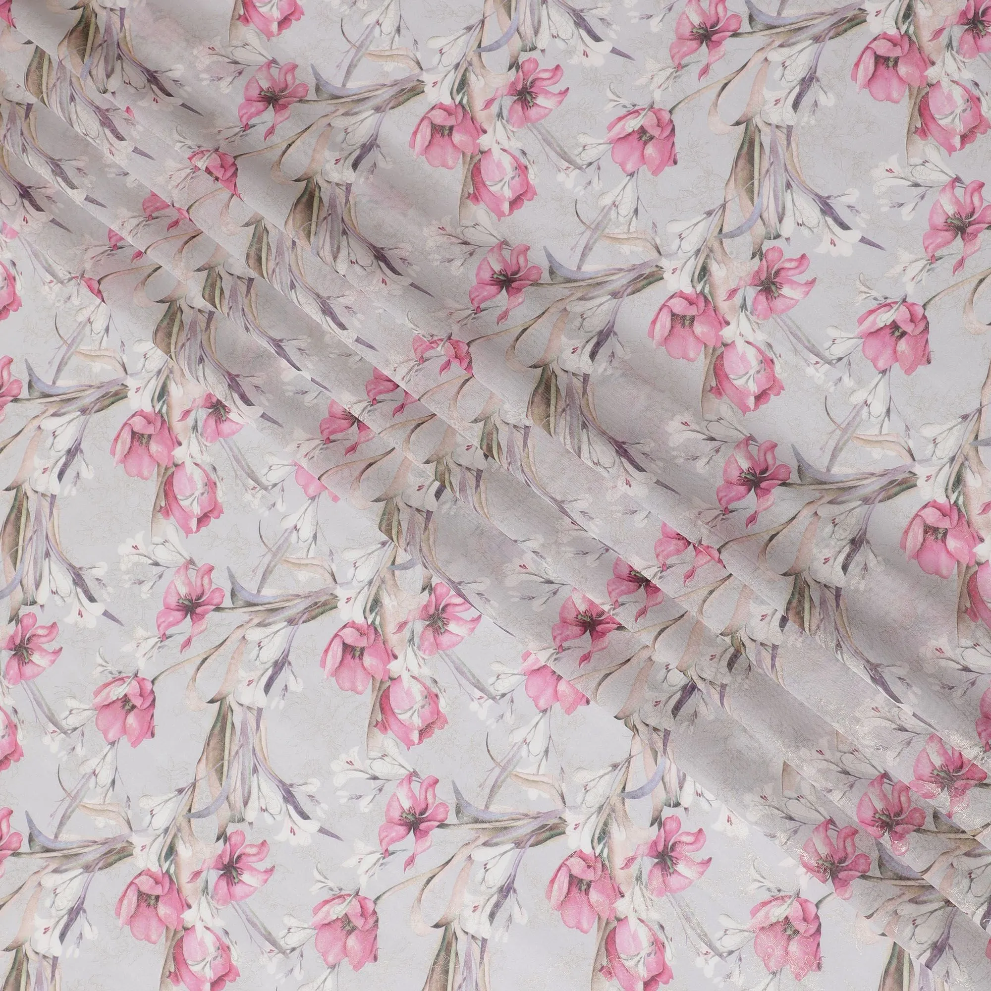 Light beige pure cotton voile fabric with multicolor print with golden foil in floral design-D16562