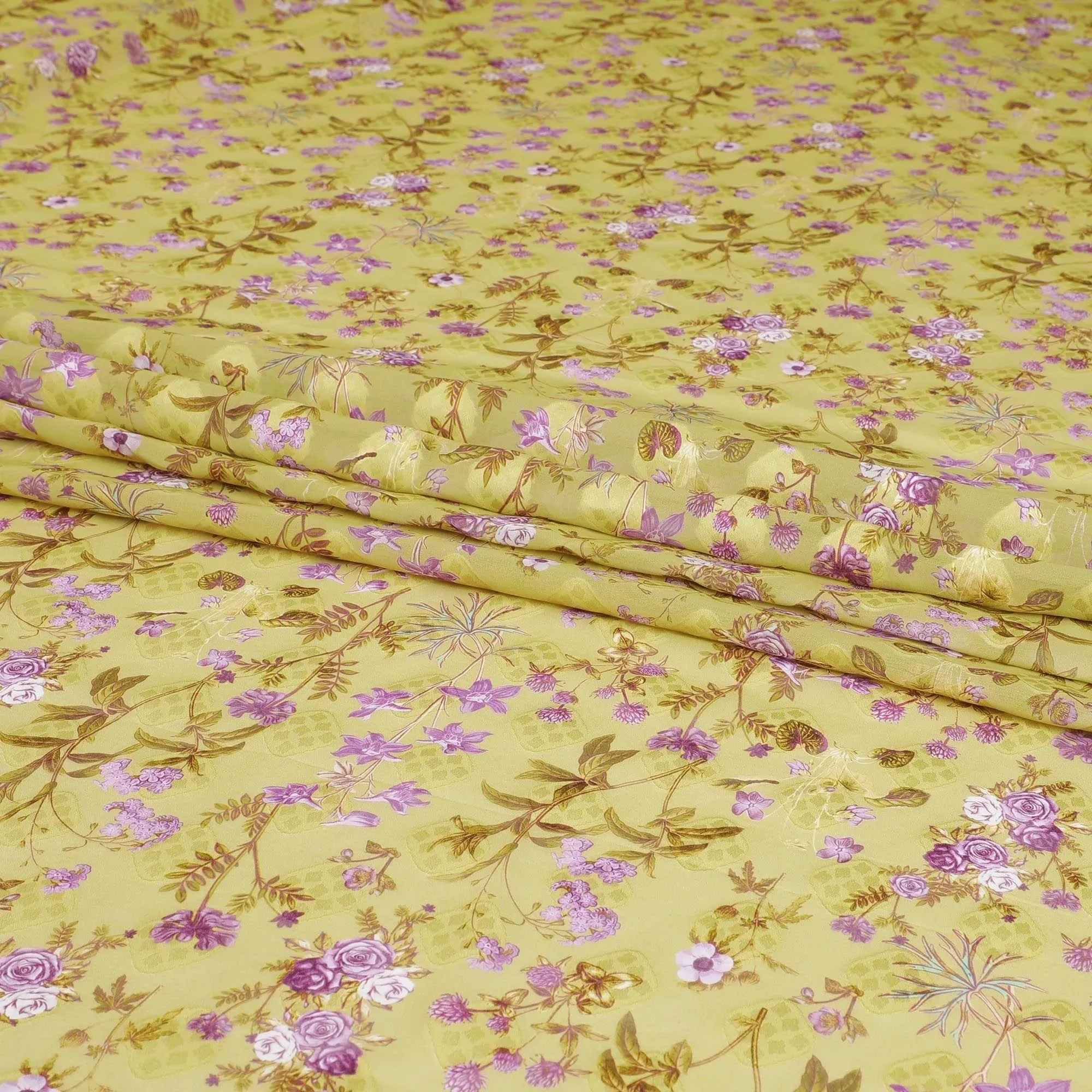Light moss green Swiss cotton voile fabric with same tone jacquard having lavender, olive green and  magenta brown print in floral design-D6381