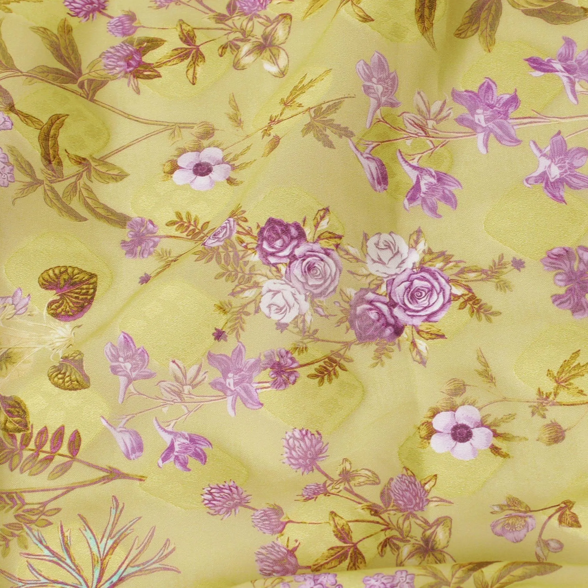 Light moss green Swiss cotton voile fabric with same tone jacquard having lavender, olive green and  magenta brown print in floral design-D6381