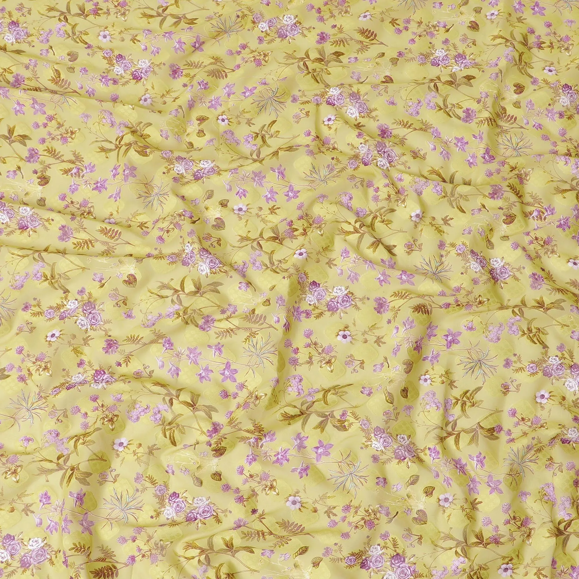 Light moss green Swiss cotton voile fabric with same tone jacquard having lavender, olive green and  magenta brown print in floral design-D6381