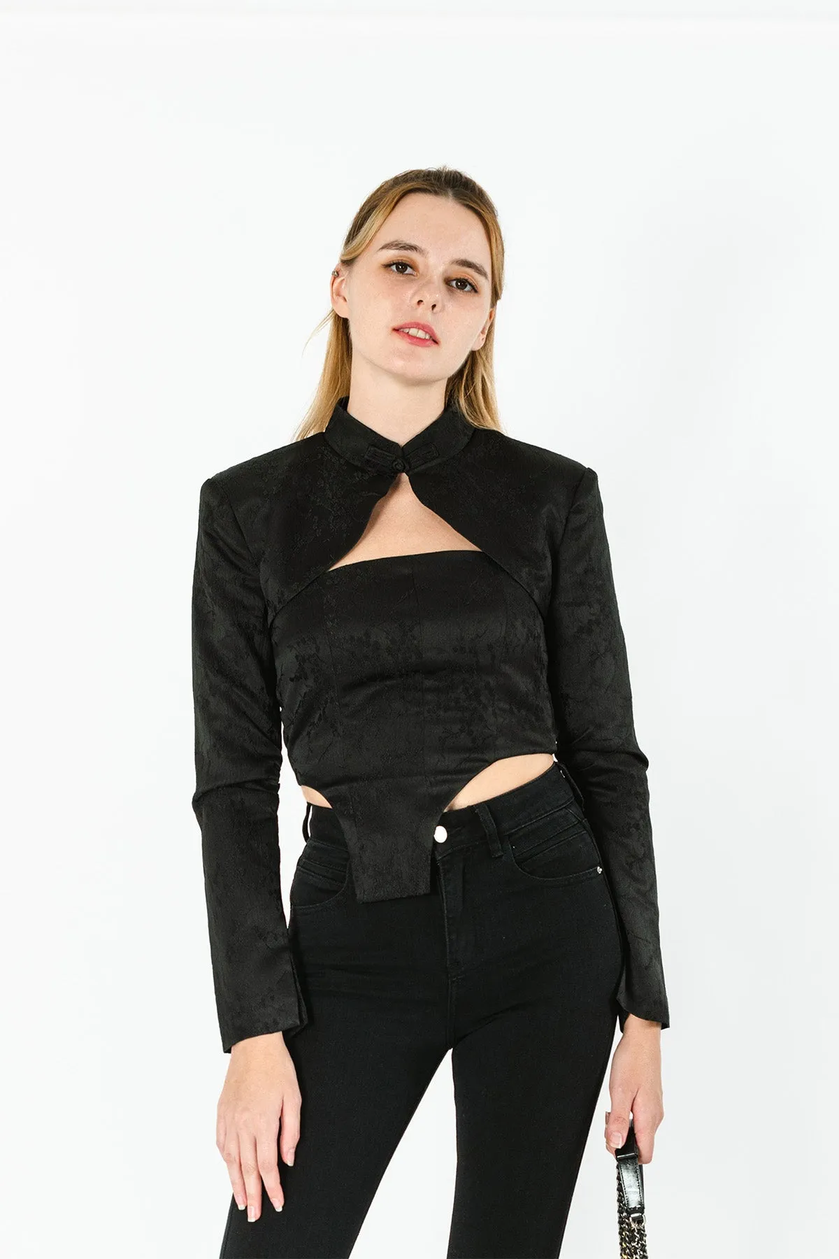 Marrleigh Chinese Stand Collar Cropped Jacket & Cut Out Crop Top Set